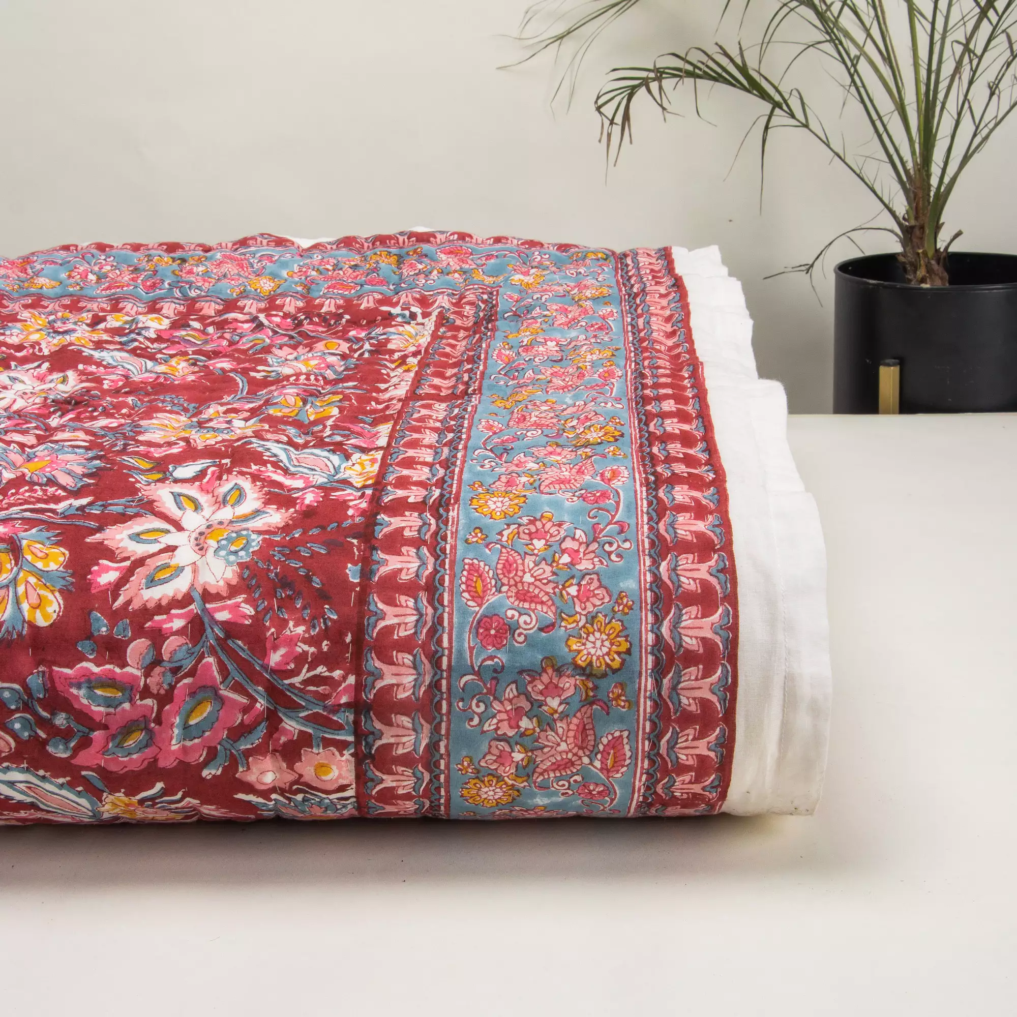 Red Floral Hand Printed Cotton Jaipuri Quilts - Image 2