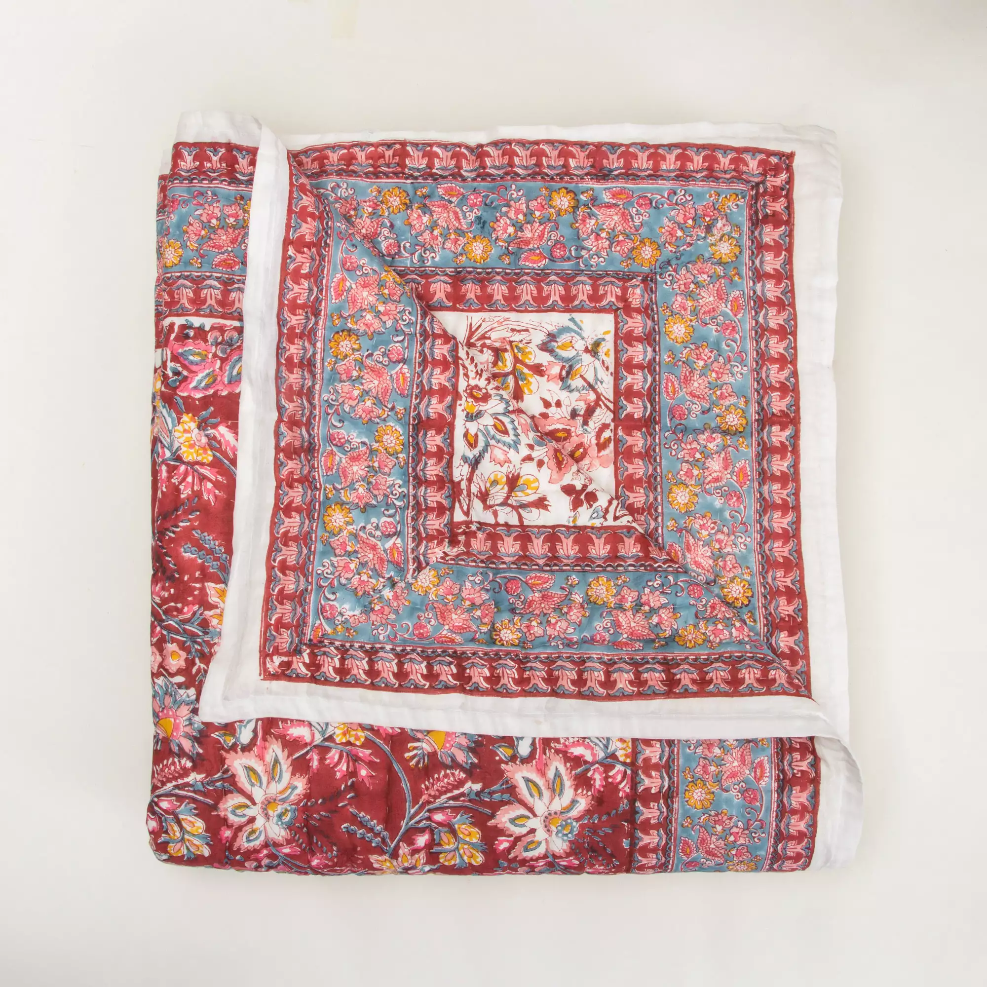 Red Floral Hand Printed Cotton Jaipuri Quilts - Image 3