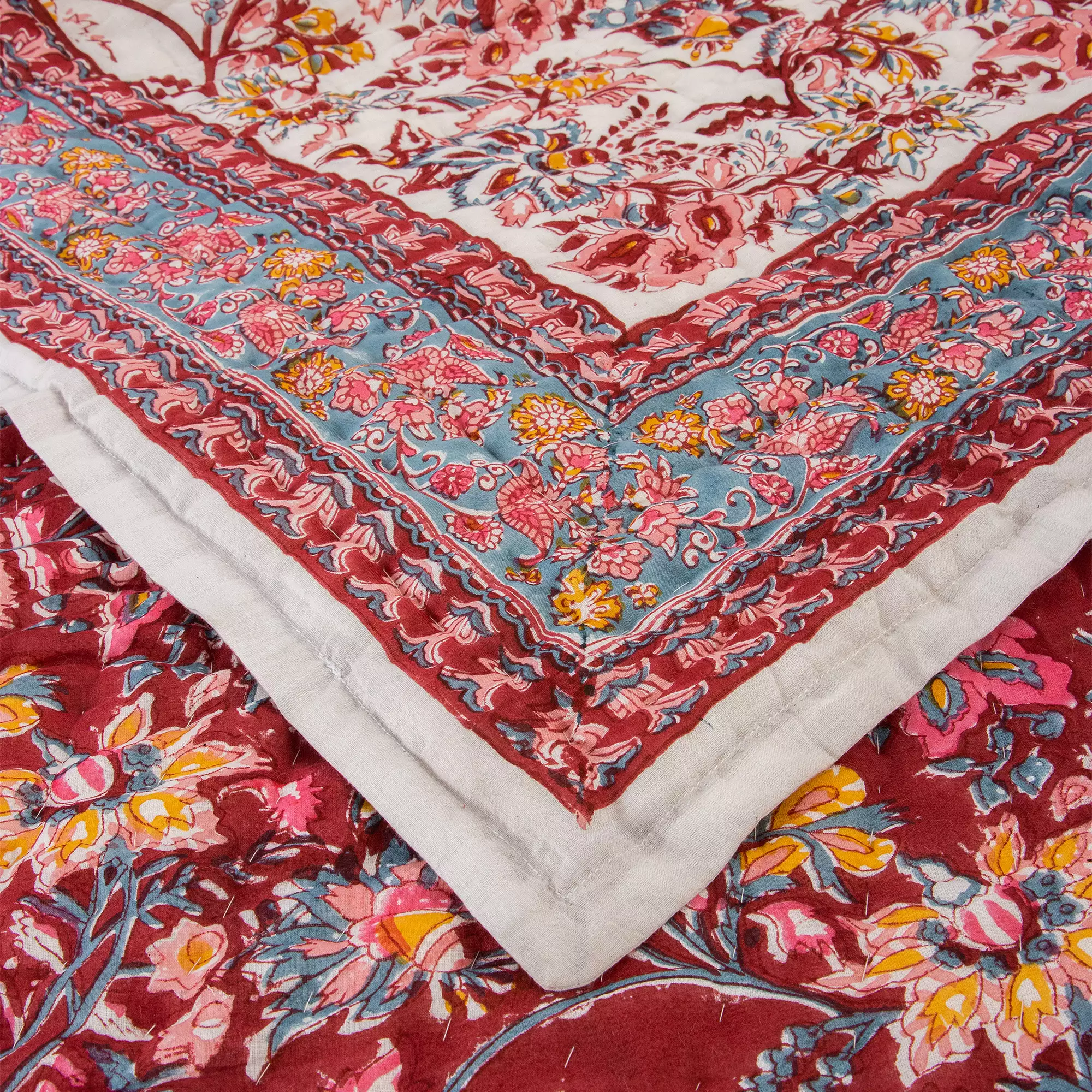 Red Floral Hand Printed Cotton Jaipuri Quilts - Image 4