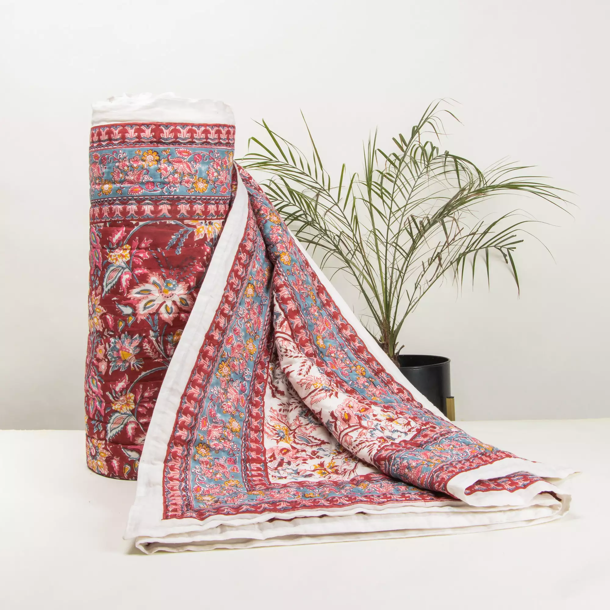 Red Floral Hand Printed Cotton Jaipuri Quilts - Image 5