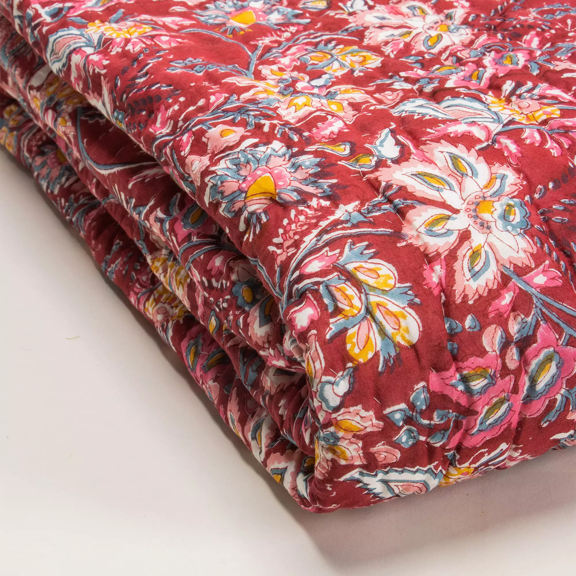 Red Floral Hand Printed Cotton Jaipuri Quilts - Image 6