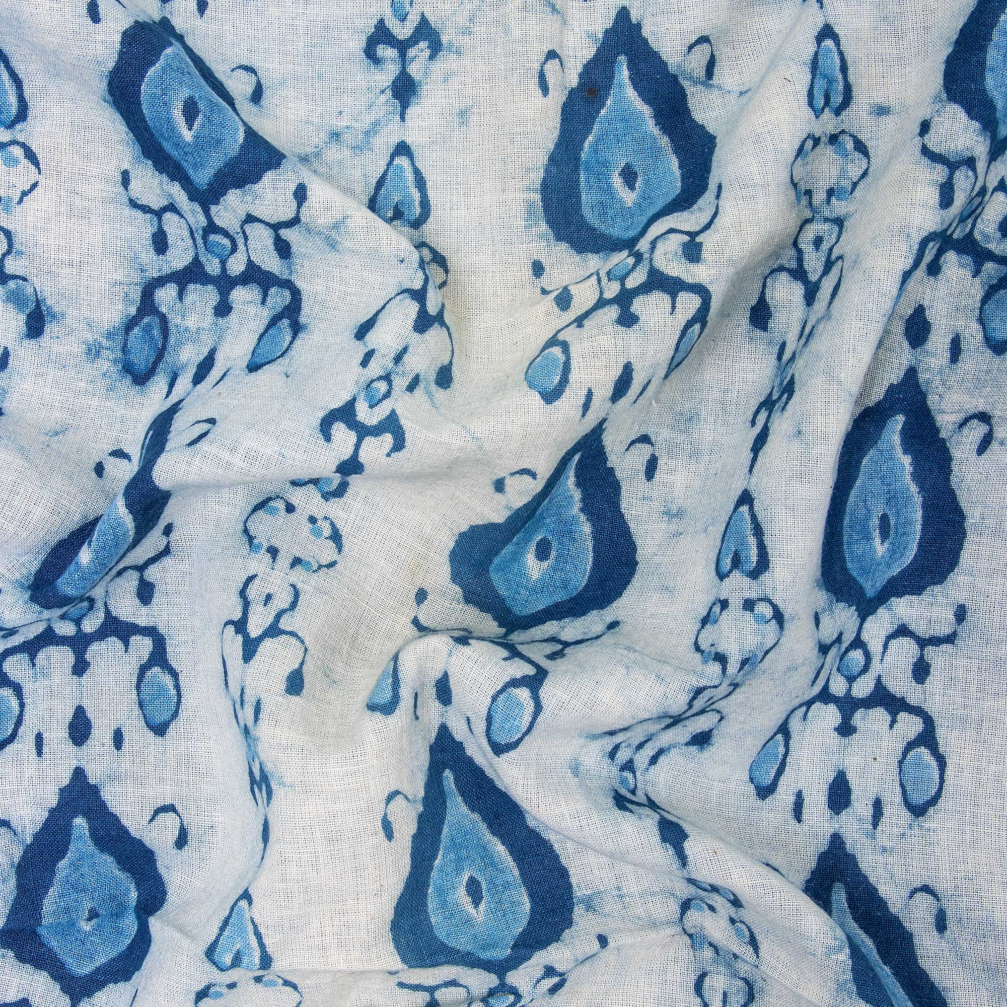 Blue Leaf Indian Hand Block Print Cotton Fabric - Image 4