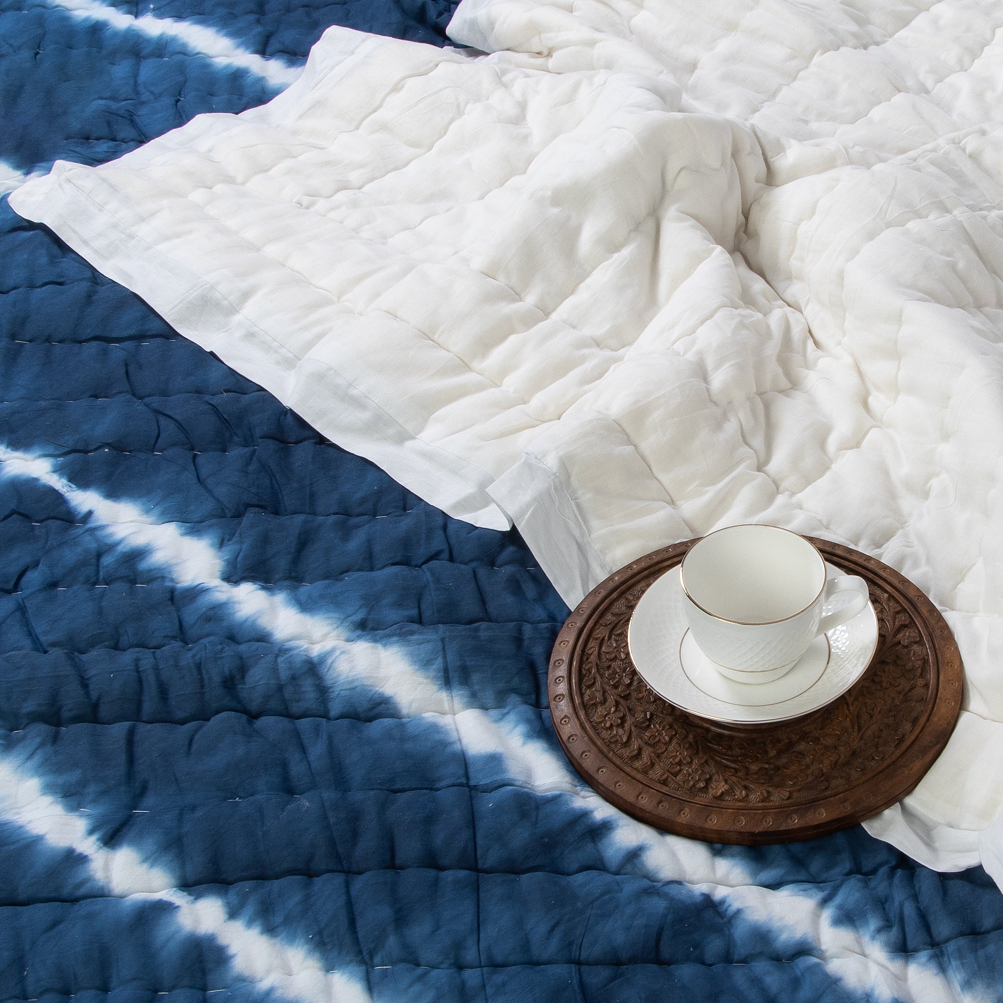 Indian Handmade Blue Striped Block Printed Pure Cotton Jaipuri Bed Quilts - Image 3