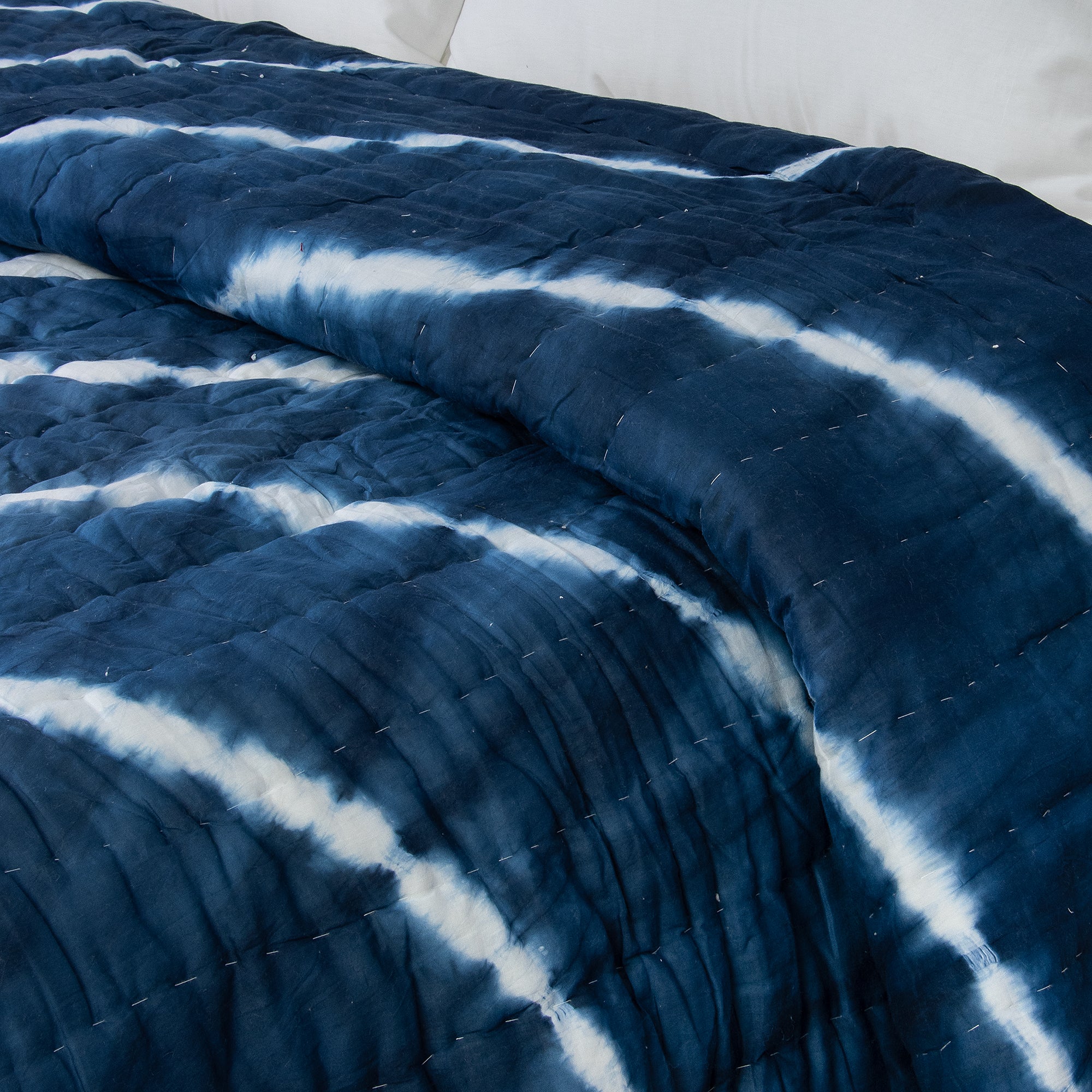 Indian Handmade Blue Striped Block Printed Pure Cotton Jaipuri Bed Quilts - Image 4