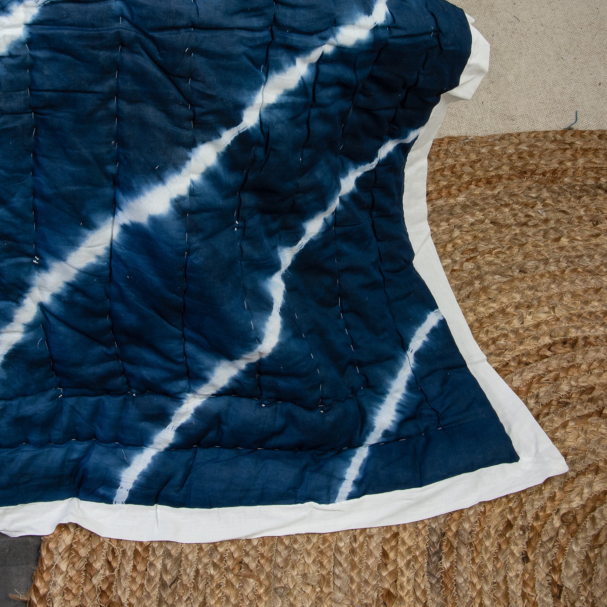 Indian Handmade Blue Striped Block Printed Pure Cotton Jaipuri Bed Quilts - Image 5