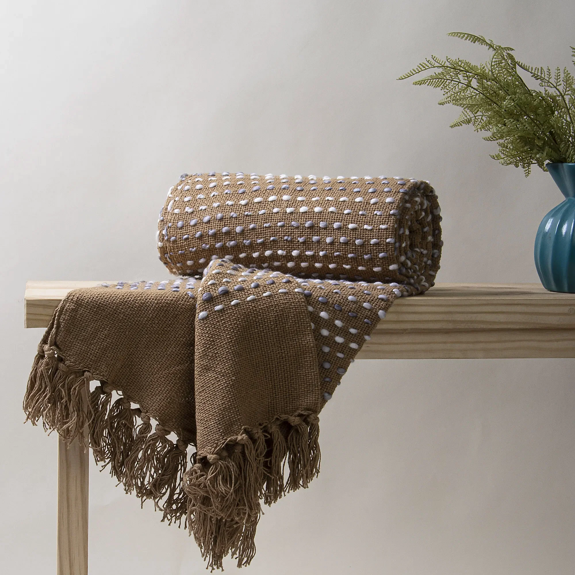Indian Brown Embroidery Cotton Indian Hand Woven Reversible Throw Blanket - Image 3