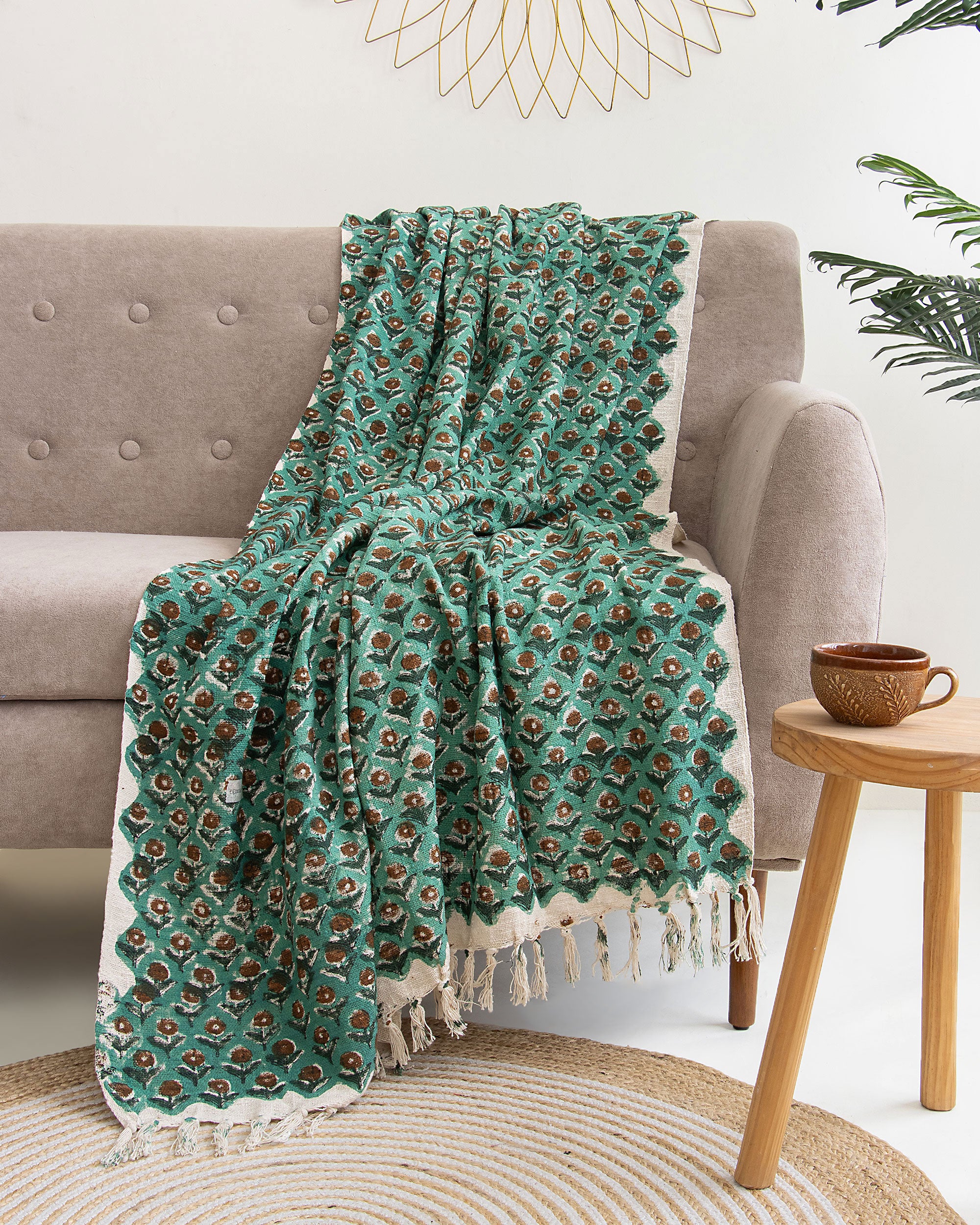 Green Floral Indian Block Printed Cotton Throw Blankets for Living Room