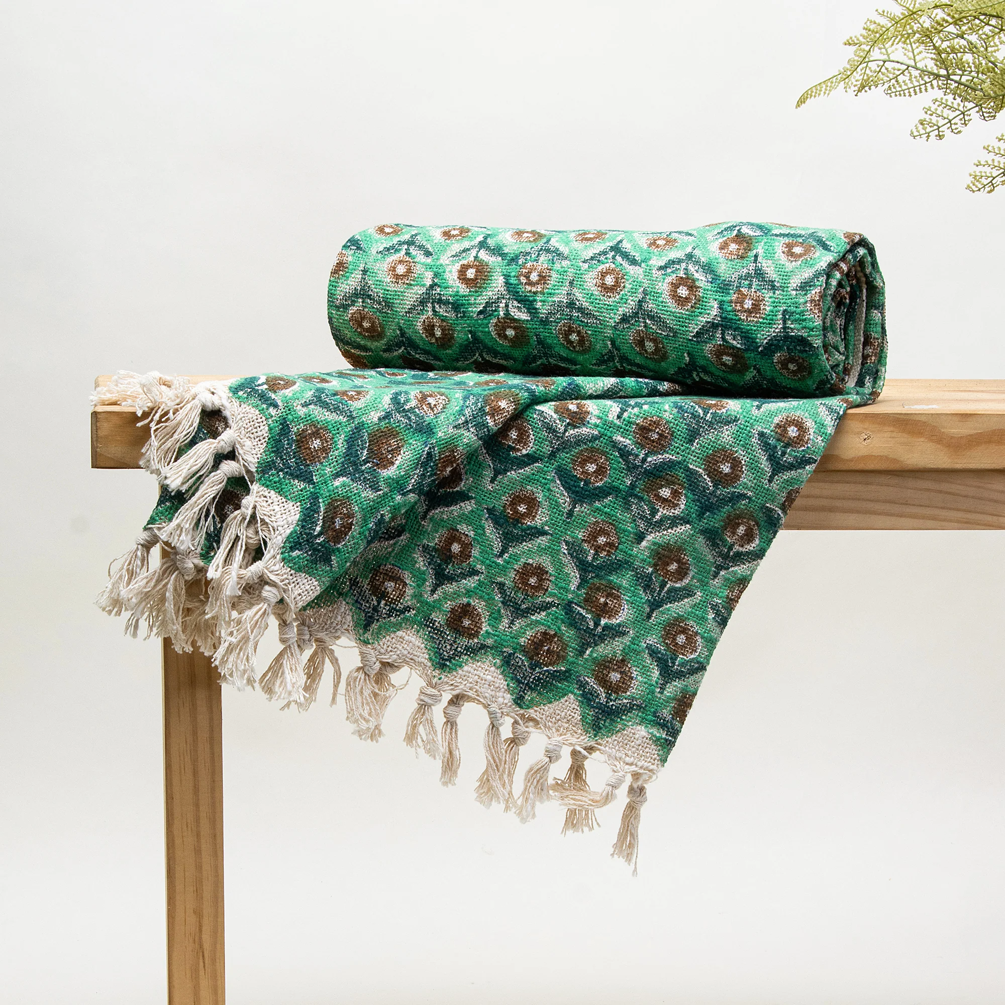 Green Floral Indian Block Printed Cotton Throw Blankets for Living Room - Image 2