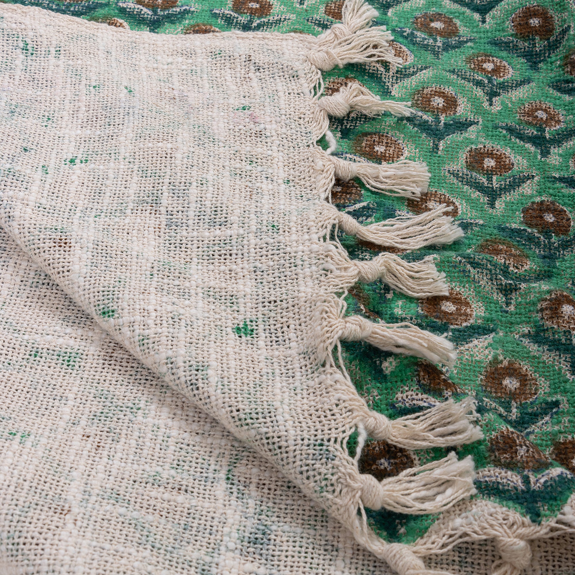Green Floral Indian Block Printed Cotton Throw Blankets for Living Room - Image 5
