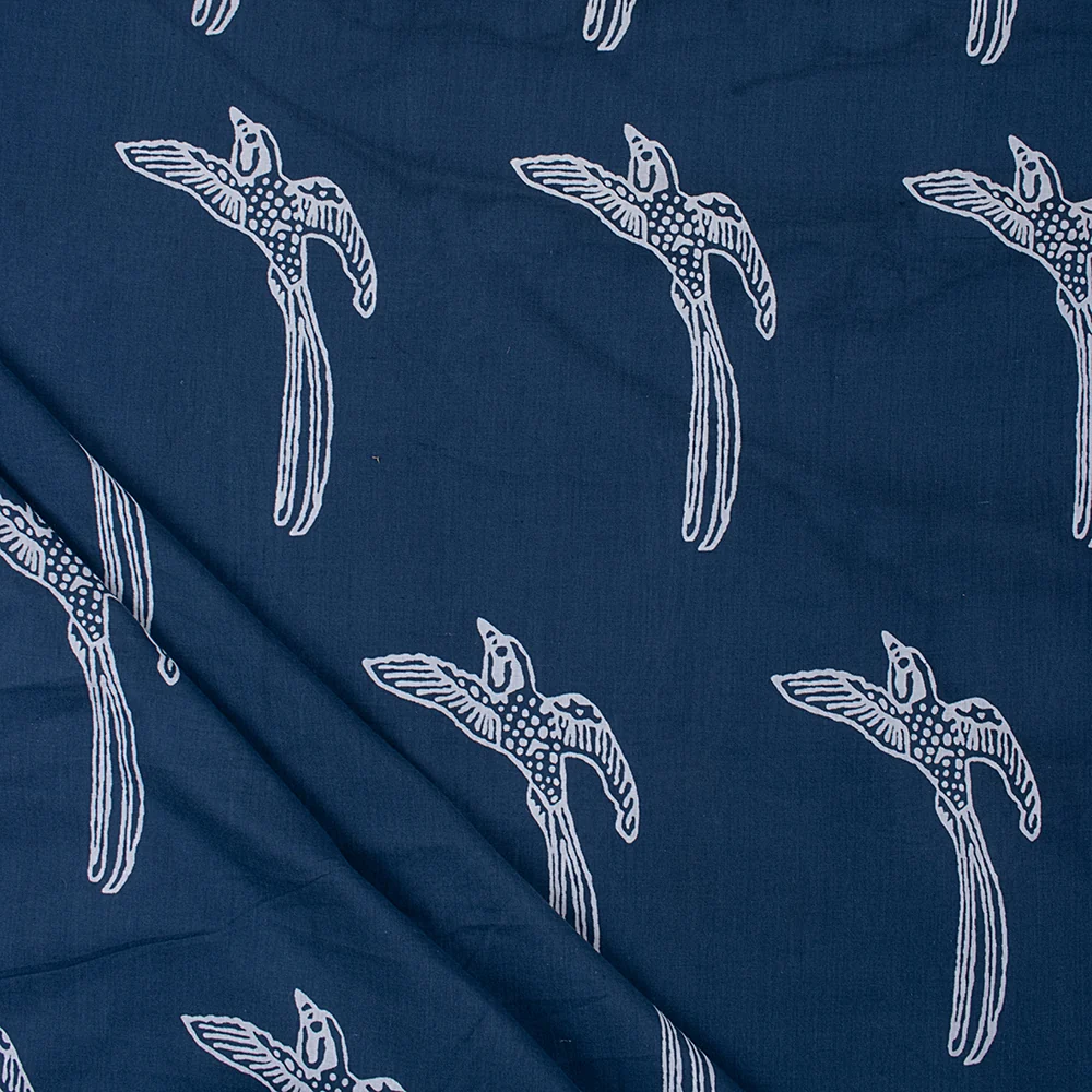 Bird Print Indigo Blue Indian Hand Printed Cotton Fabrics for Kurti - Image 2