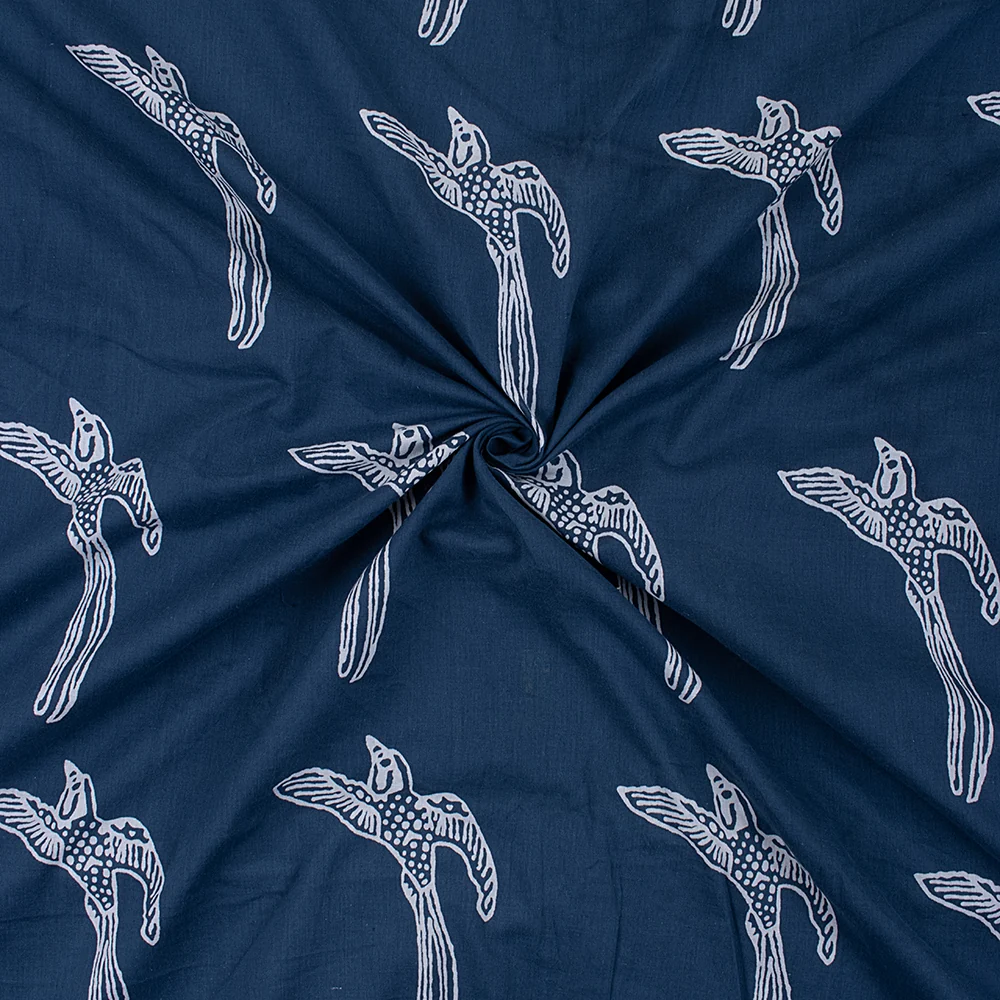 Bird Print Indigo Blue Indian Hand Printed Cotton Fabrics for Kurti - Image 3