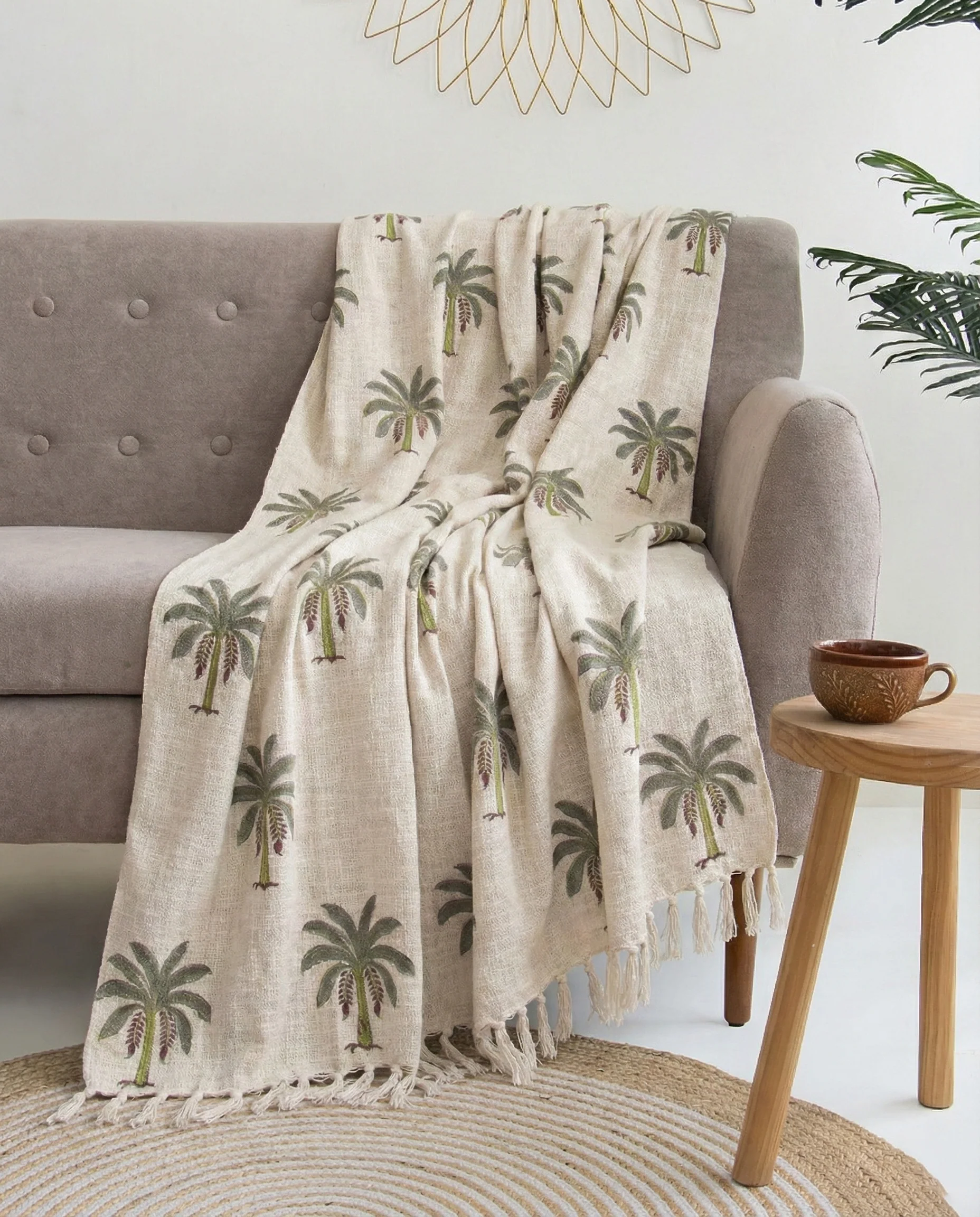 Palm Tree Hand Block Print Cotton Throw Blanket - Olive Green & Beige