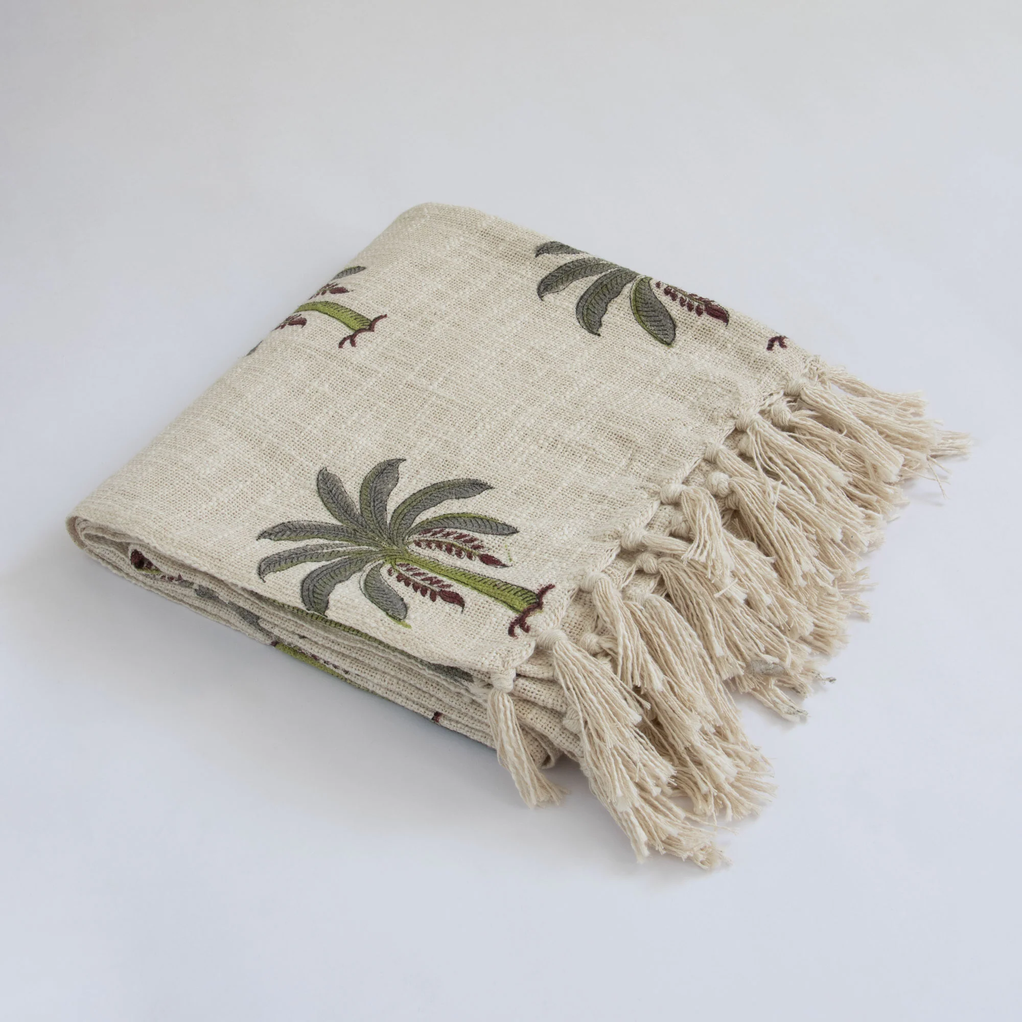 Palm Tree Hand Block Print Cotton Throw Blanket - Olive Green & Beige - Image 3