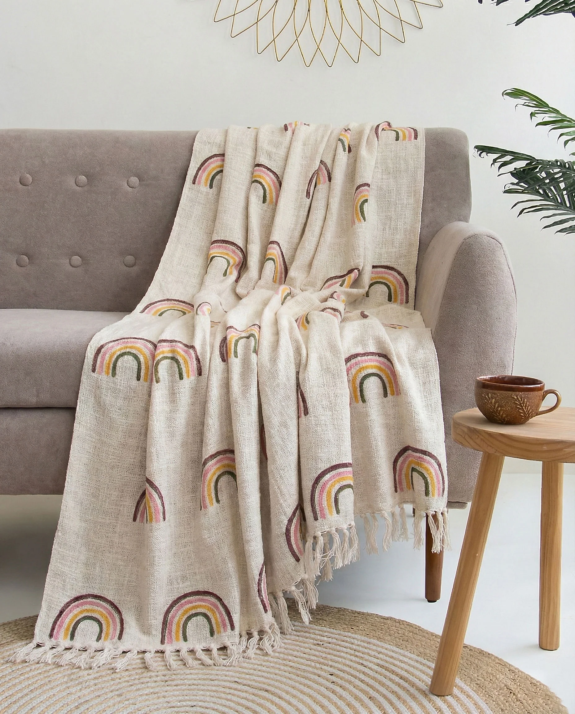 Rainbow Cotton Block Printed Sofa Throw Blanket