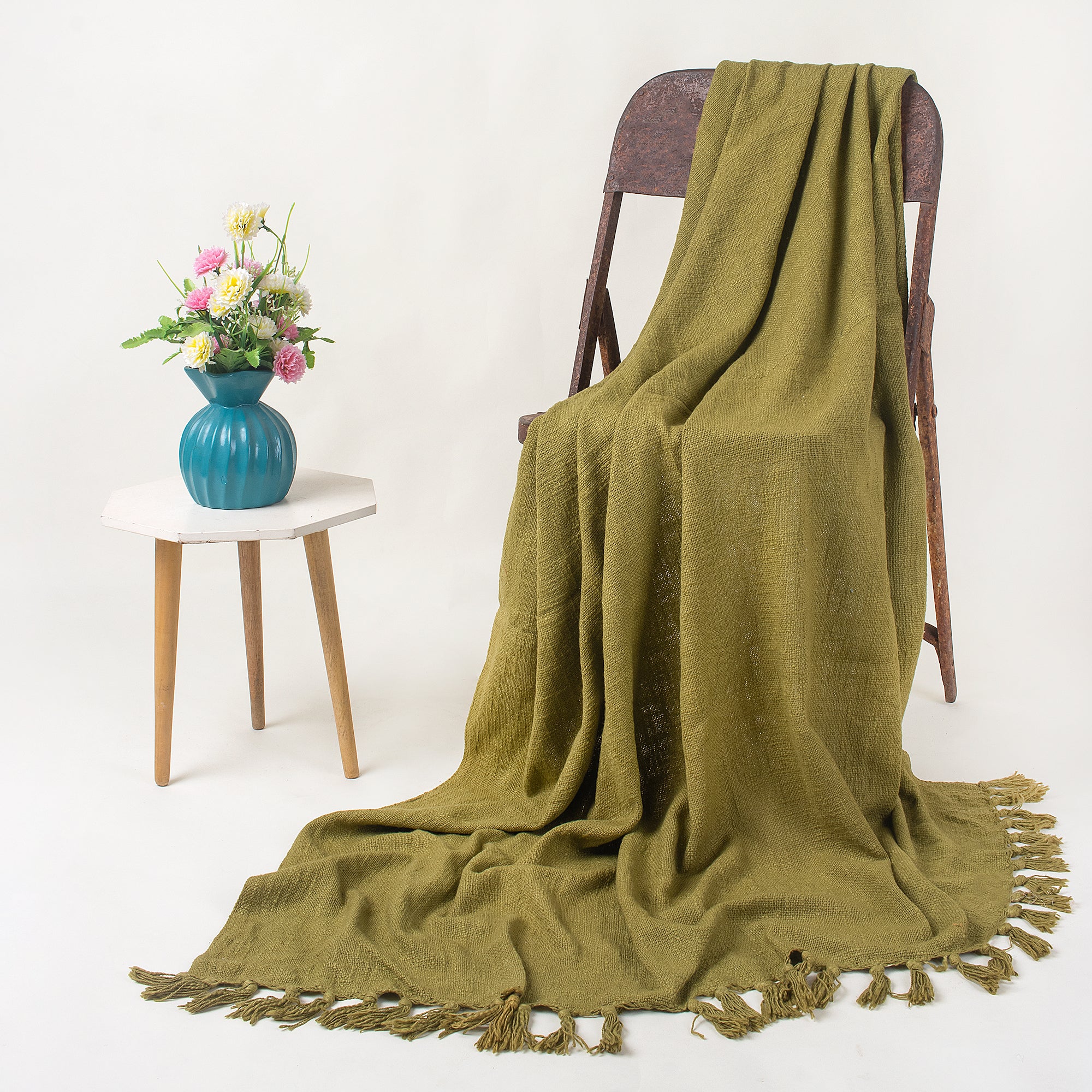 Olive Green Handcrafted Cotton Solid Throw Blanket