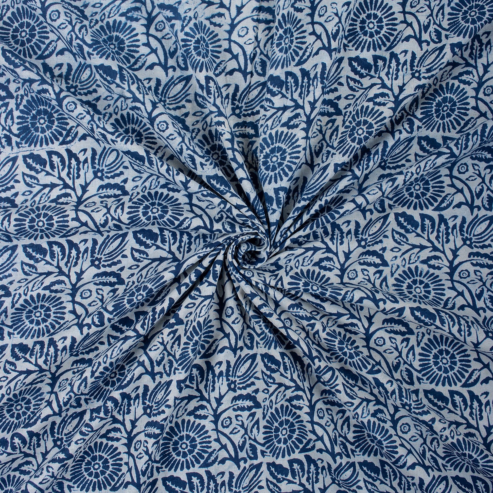 Block Printed Handmade Indian Indigo Blue Floral Print Cotton Voile Fabric - Image 2