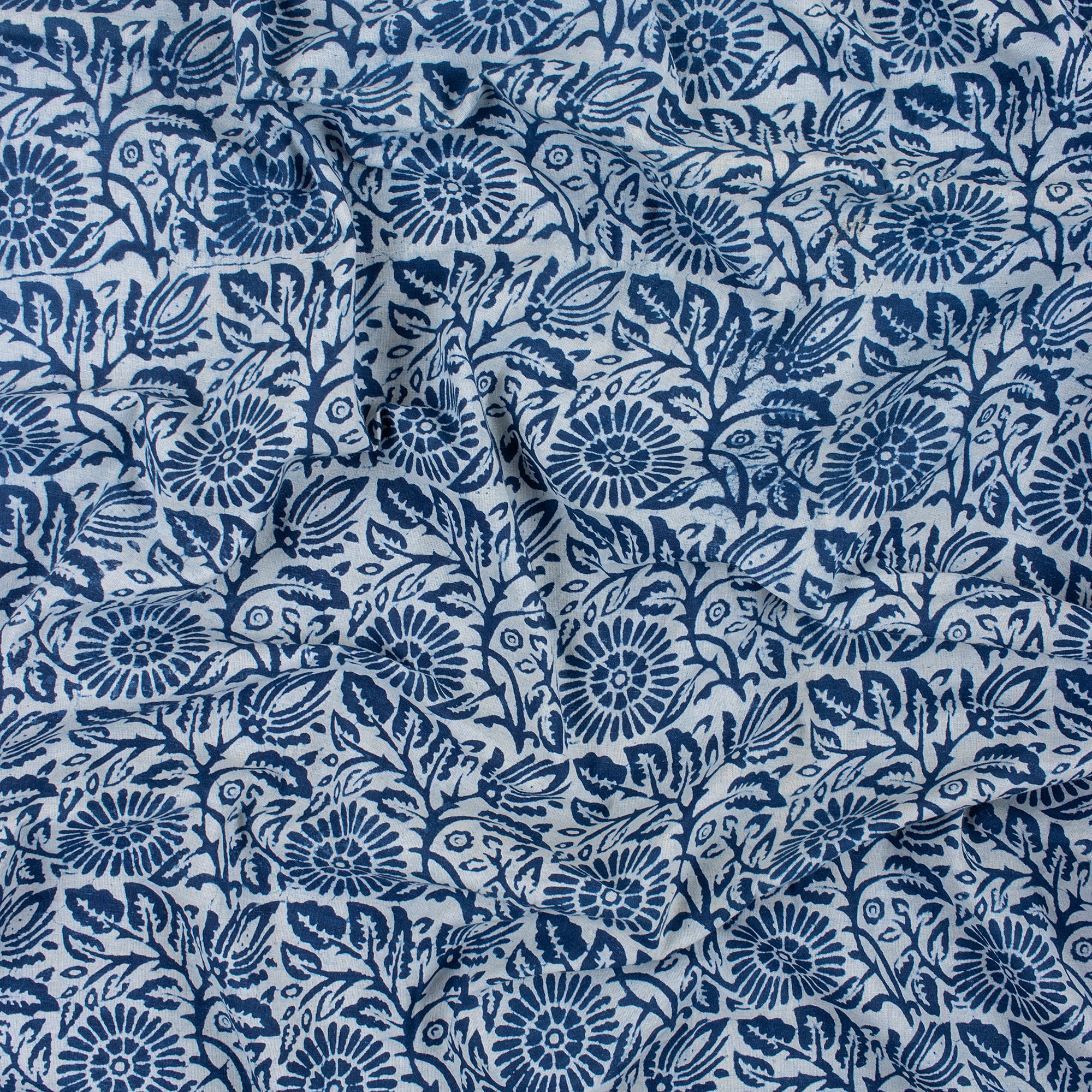 Block Printed Handmade Indian Indigo Blue Floral Print Cotton Voile Fabric - Image 3