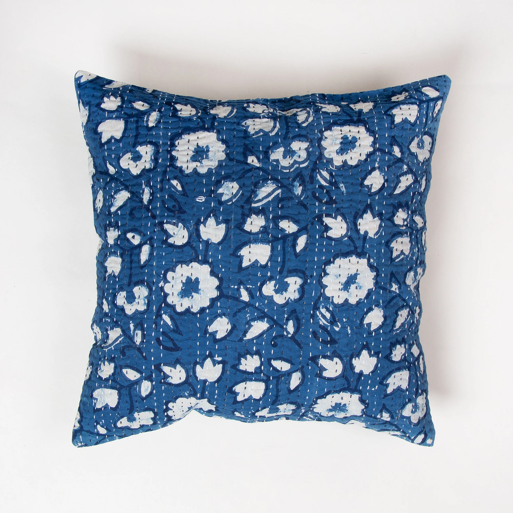 Modern Floral Cotton Kantha Indigo Cushion Cover