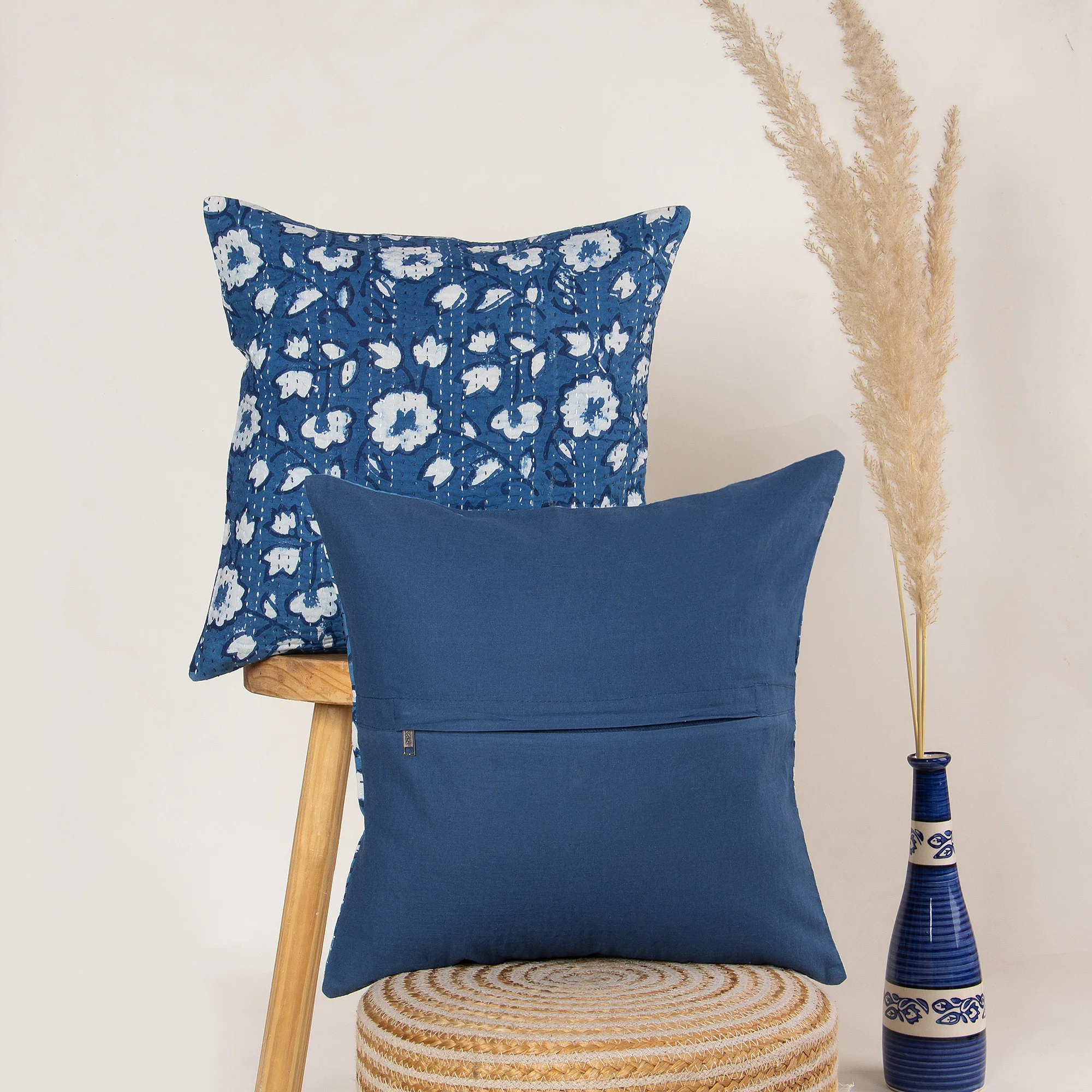 Modern Floral Cotton Kantha Indigo Cushion Cover - Image 2