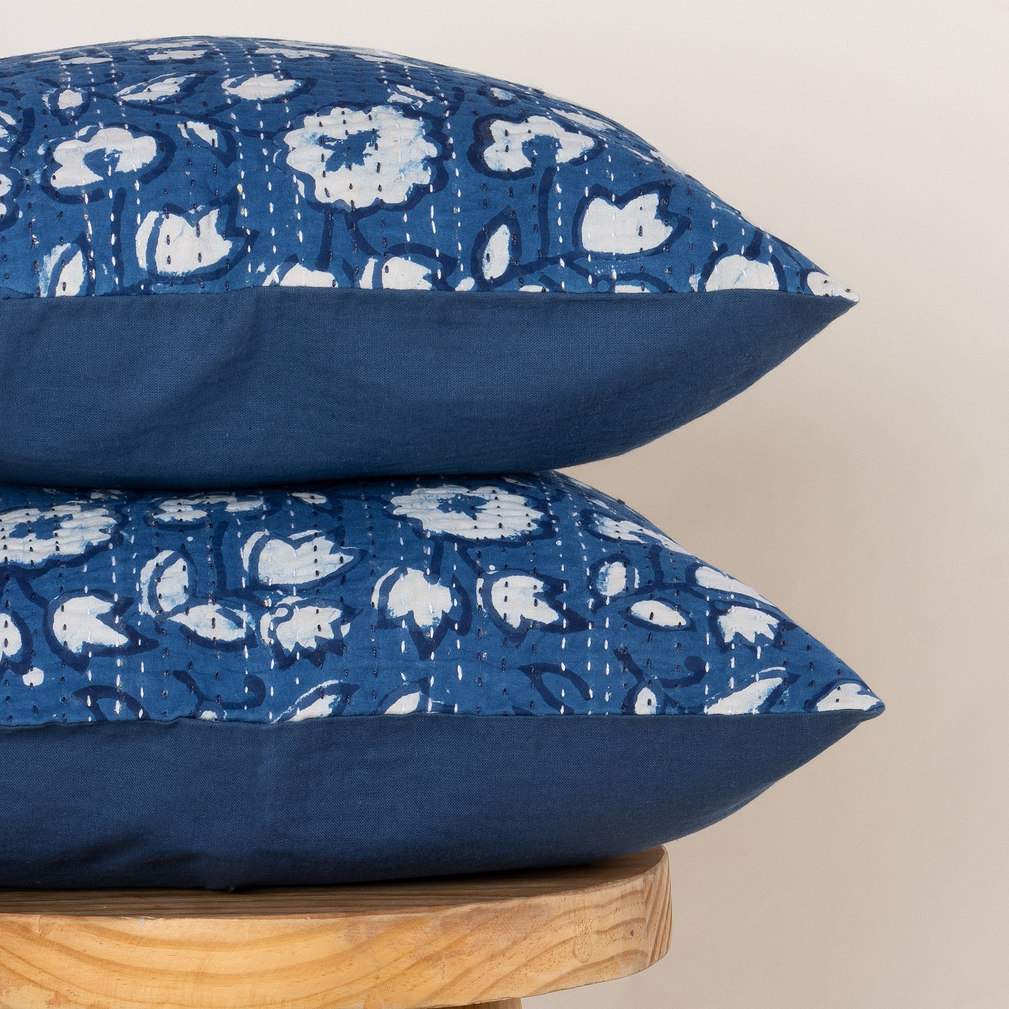 Modern Floral Cotton Kantha Indigo Cushion Cover - Image 4