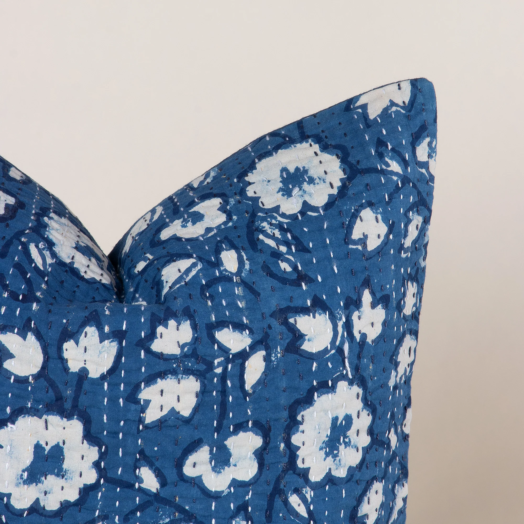 Modern Floral Cotton Kantha Indigo Cushion Cover - Image 5