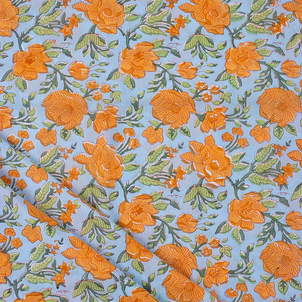 Orange Floral Hand Block Printed Cotton Fabric - Image 2