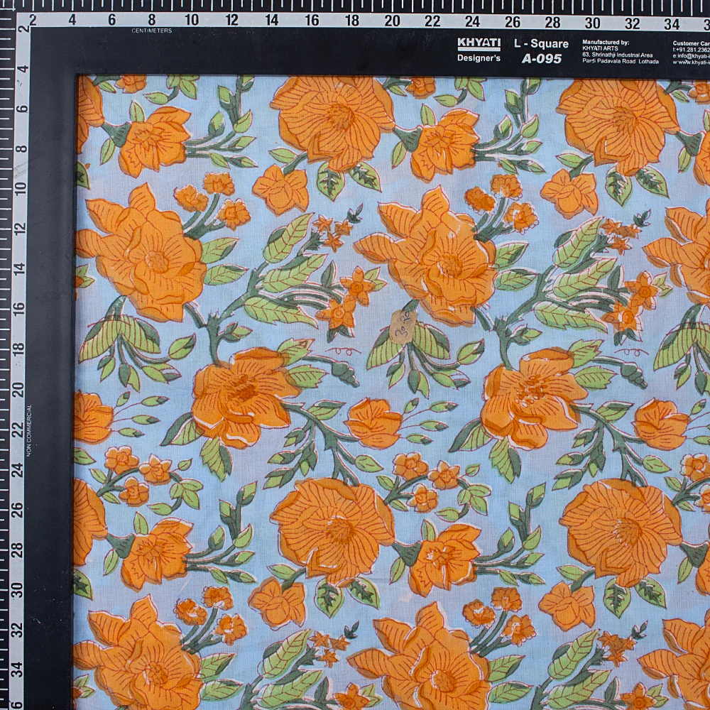 Orange Floral Hand Block Printed Cotton Fabric - Image 3