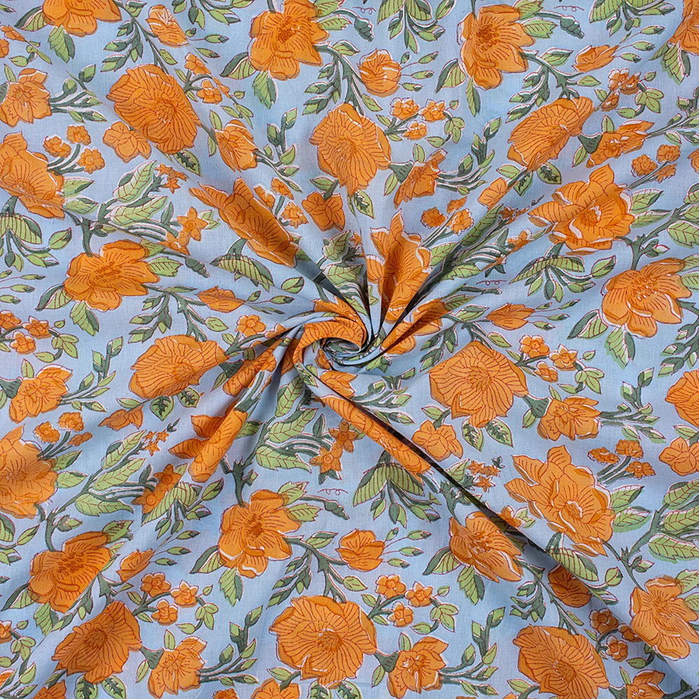 Orange Floral Hand Block Printed Cotton Fabric - Image 4