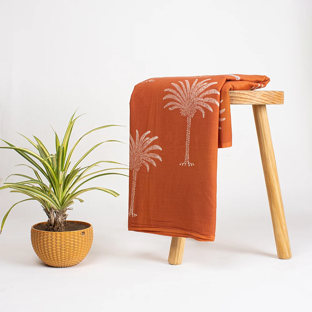Orange Hand Block Printed Pure Cotton Palm Tree Indian Voile Fabric