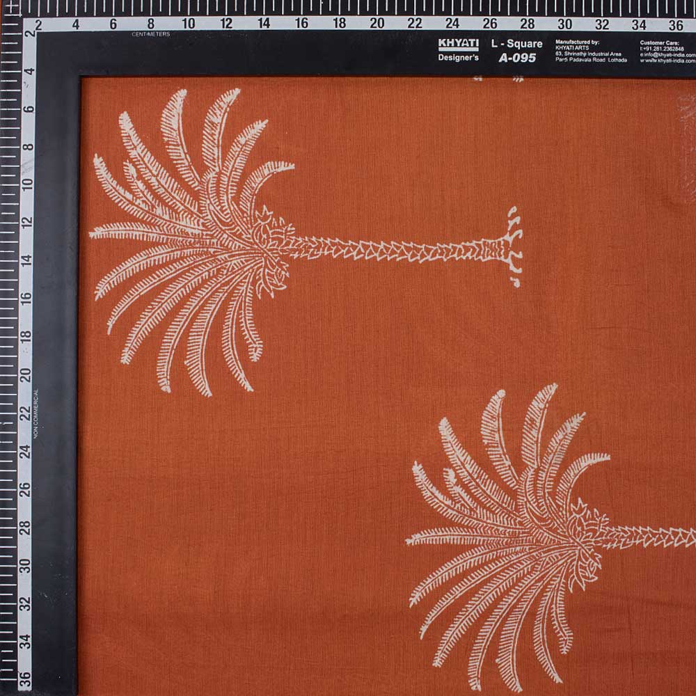 Orange Hand Block Printed Pure Cotton Palm Tree Indian Voile Fabric - Image 3