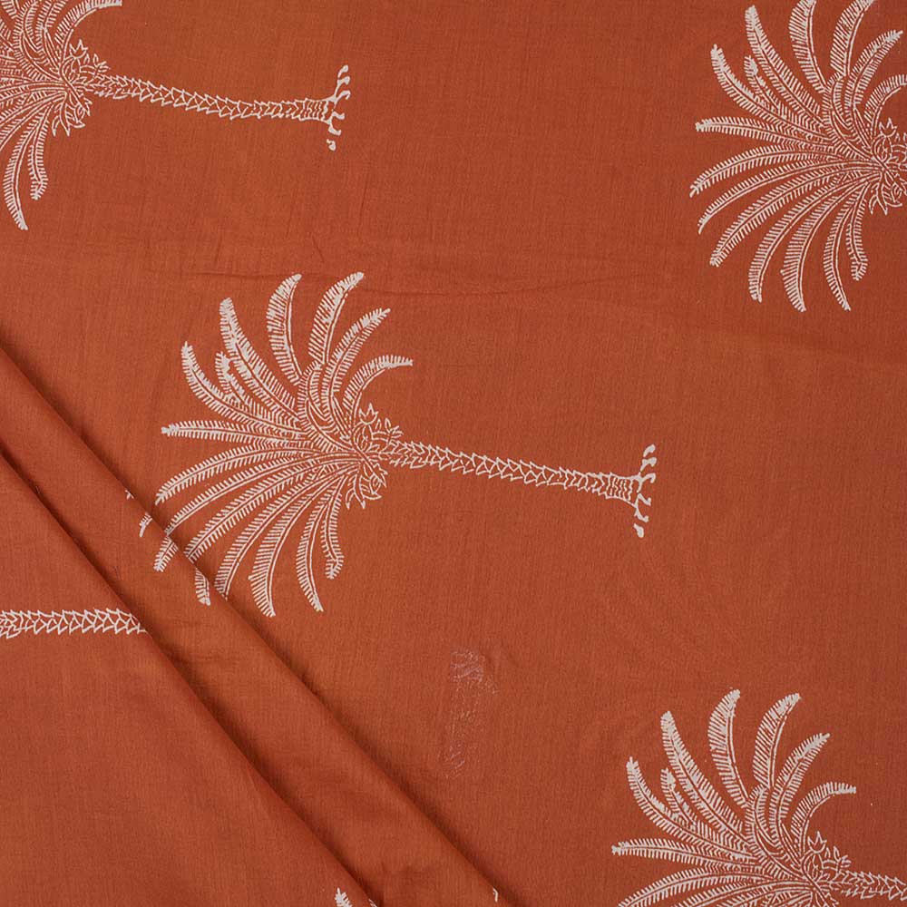 Orange Hand Block Printed Pure Cotton Palm Tree Indian Voile Fabric - Image 4
