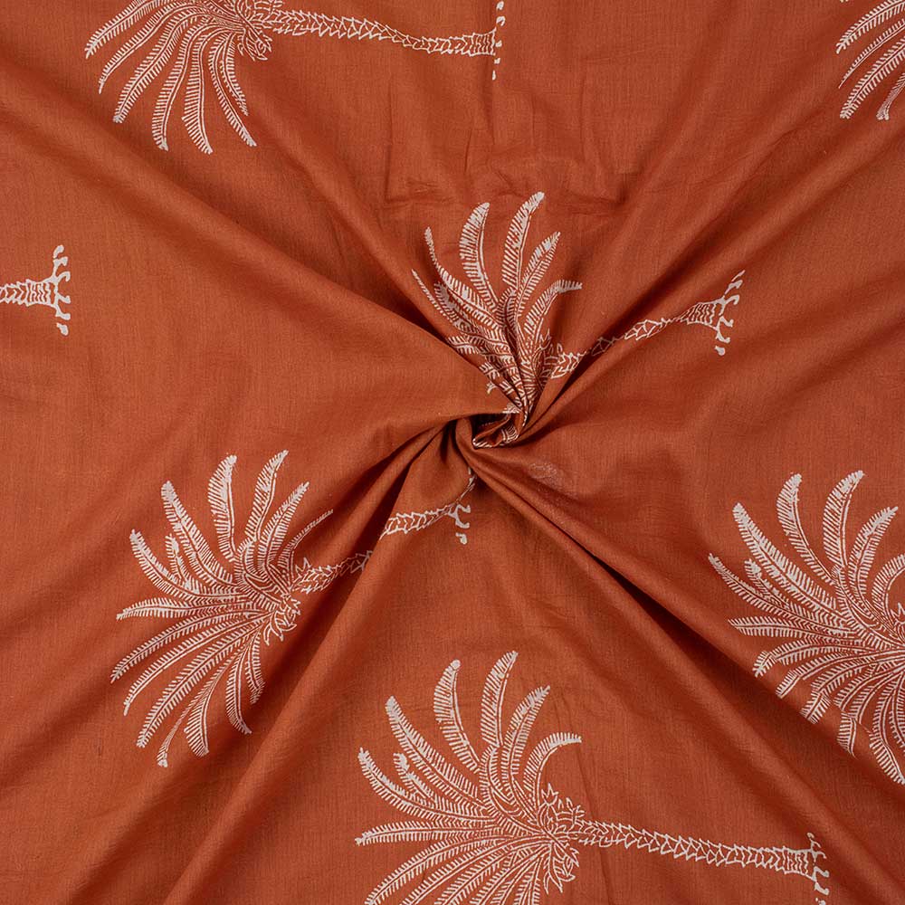 Orange Hand Block Printed Pure Cotton Palm Tree Indian Voile Fabric - Image 5