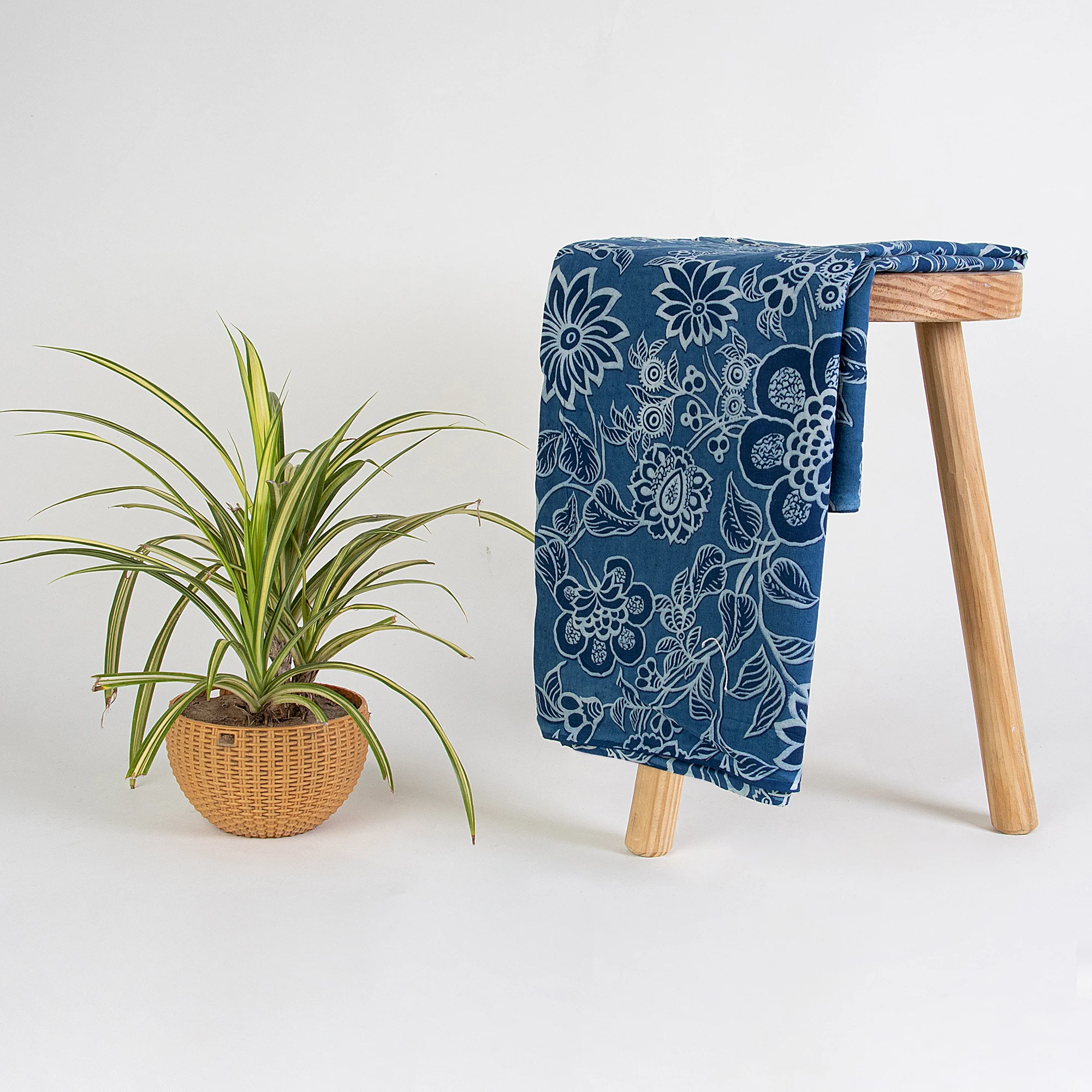Organic Block Printed Floral Indigo Blue Fabrics - Image 5