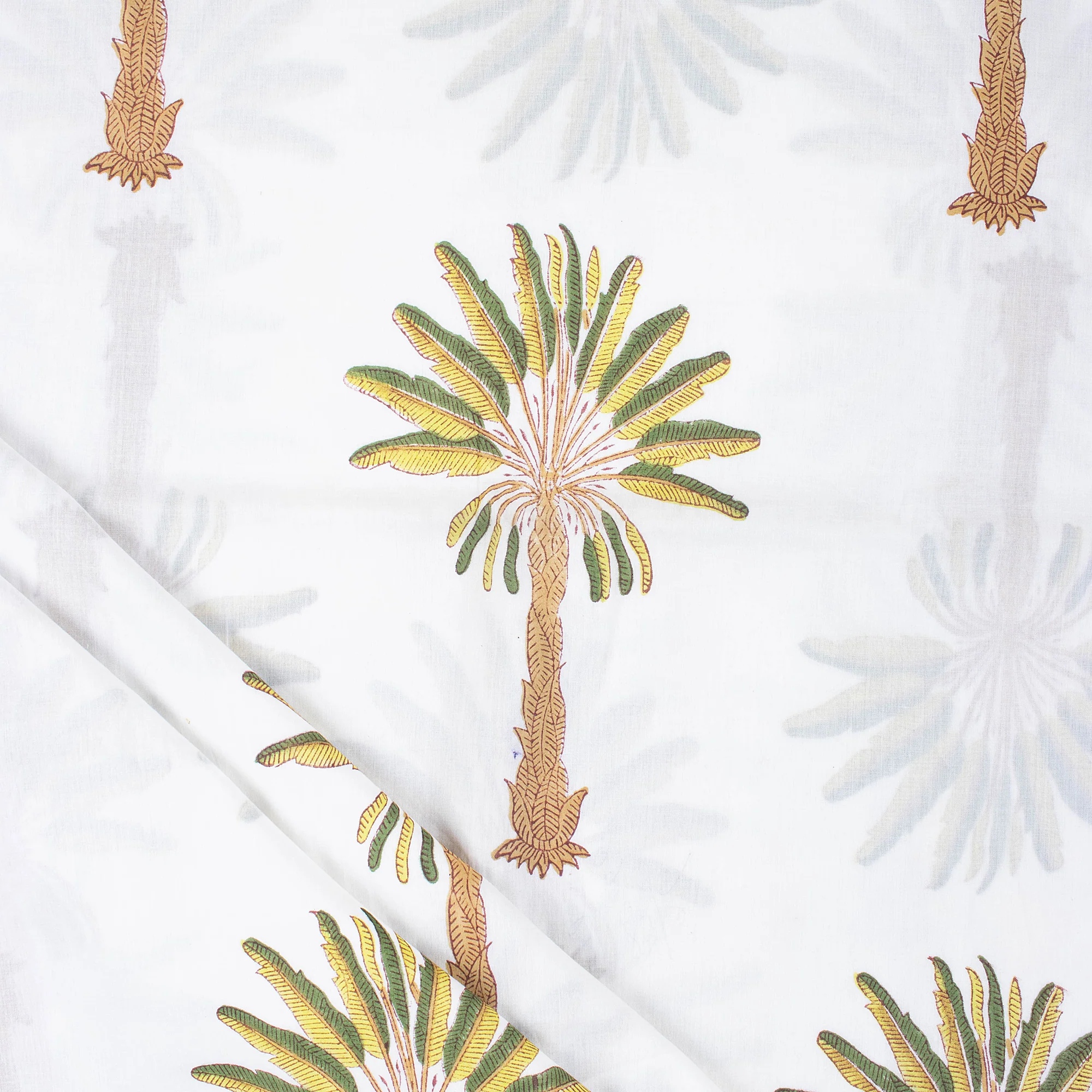 Natural Palm Tree Block Printed Pure Cotton Fabric Cloth