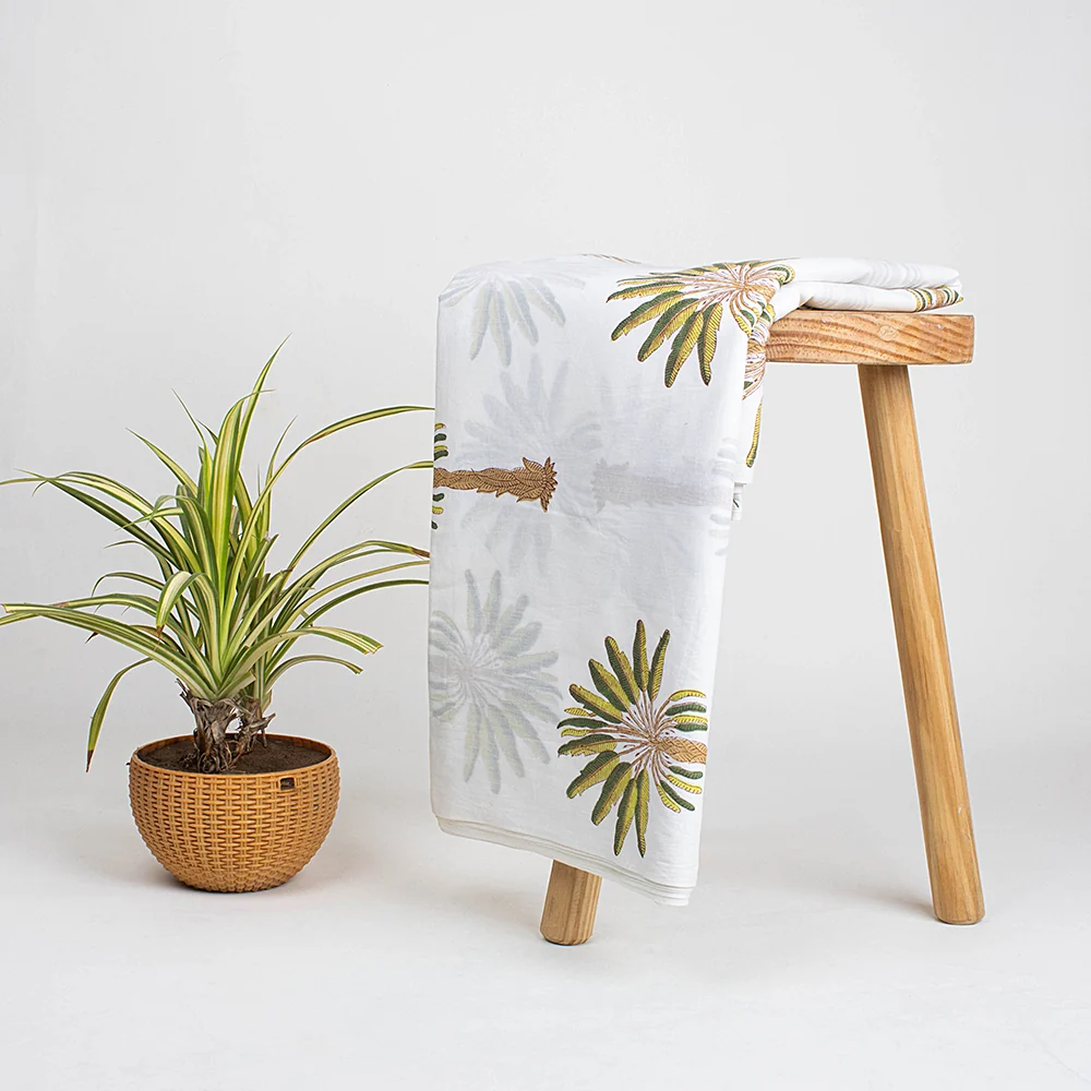 Natural Palm Tree Block Printed Pure Cotton Fabric Cloth - Image 5