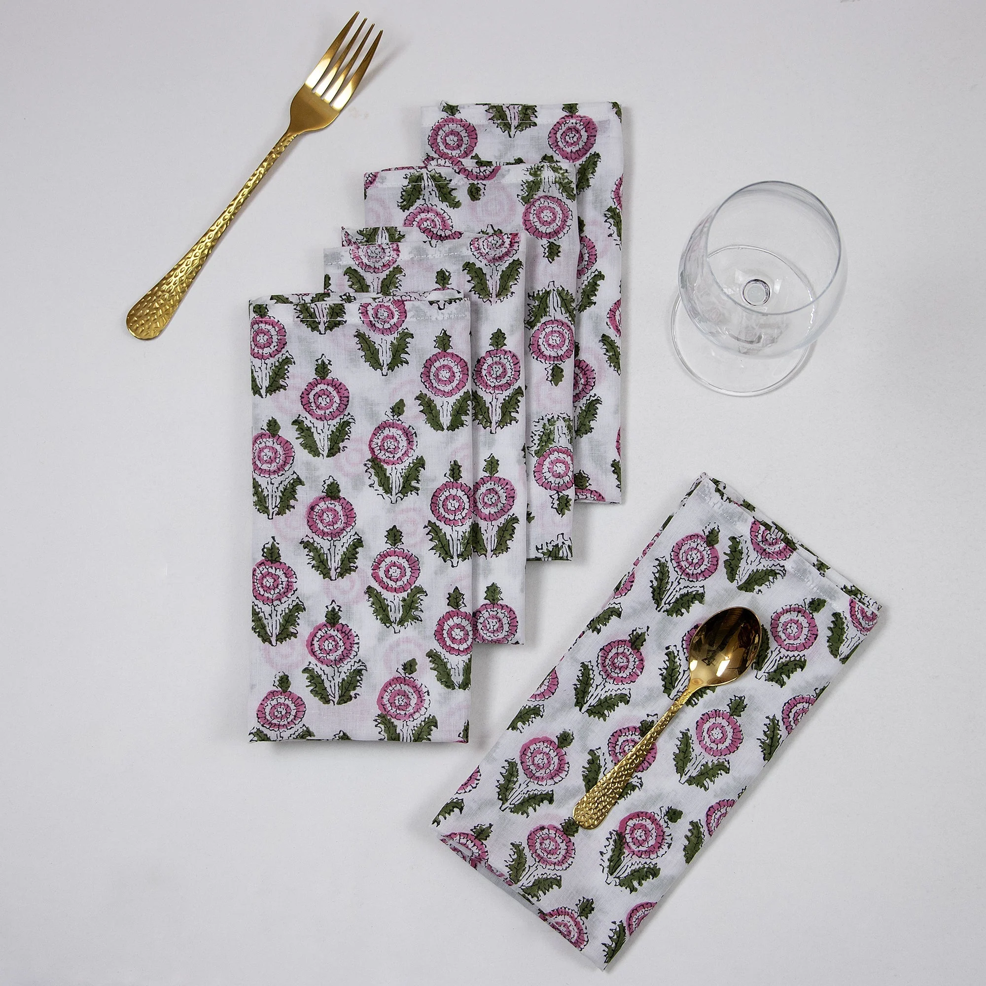 Organic Cotton Floral Hand Block Printed Reusable Napkins