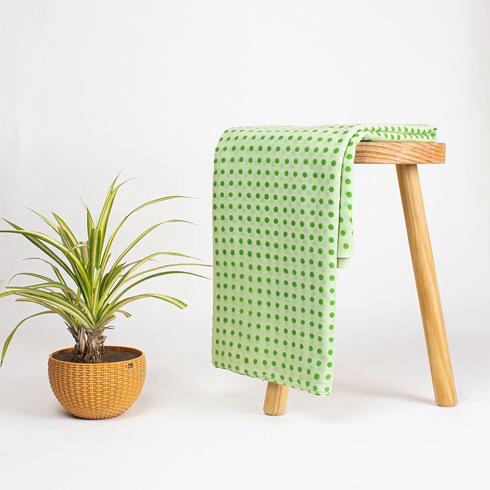 Organic Green Polkas Dot Hand Block Printed Fabric