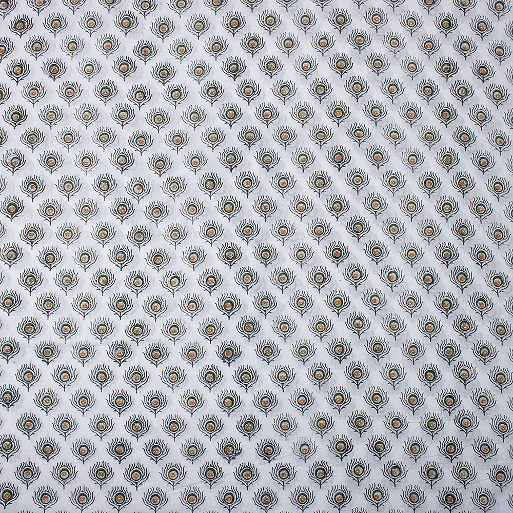 Peacock Feather Indian Hand Block Printed Pure Cotton Textile Fabric - Image 3