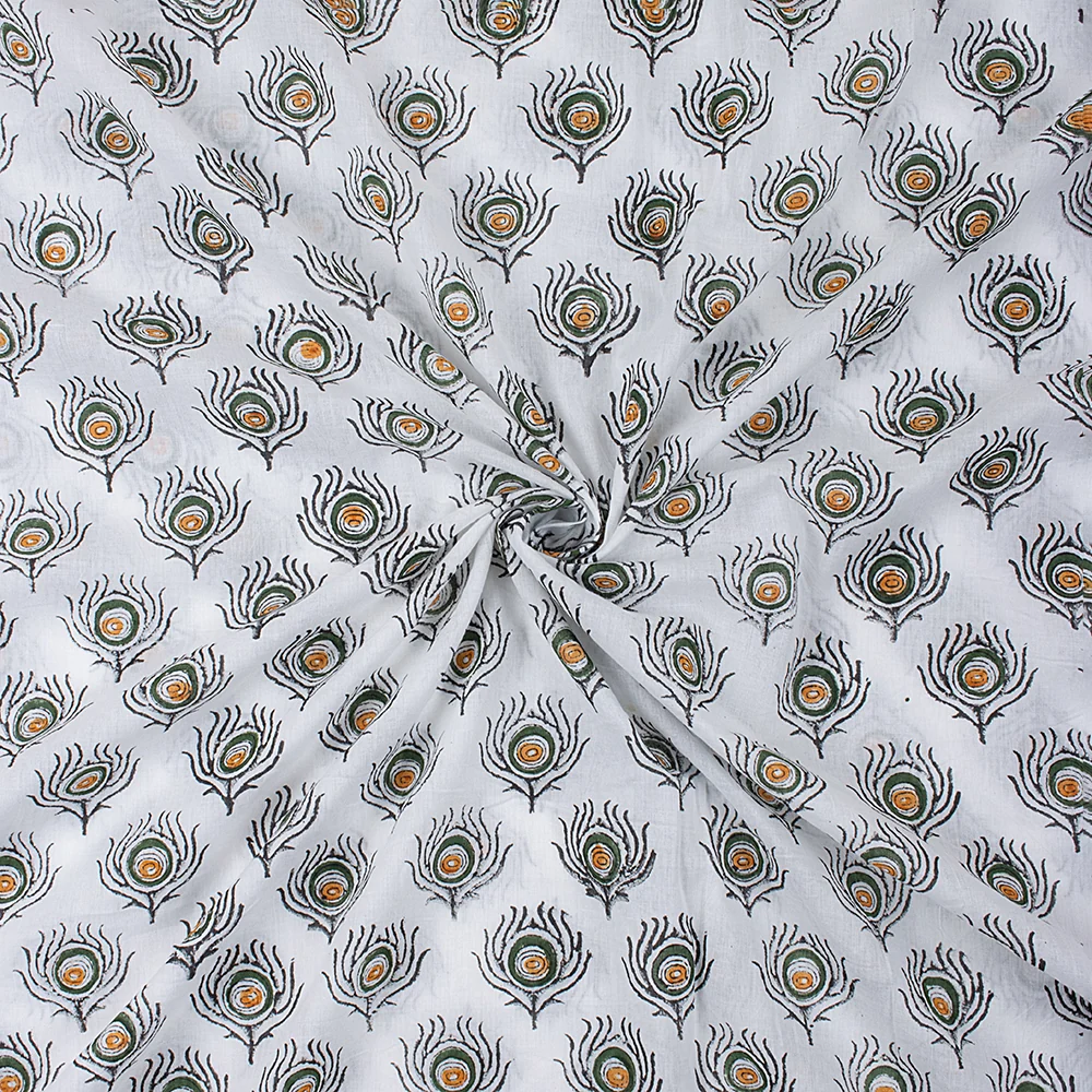 Peacock Feather Indian Hand Block Printed Pure Cotton Textile Fabric - Image 4