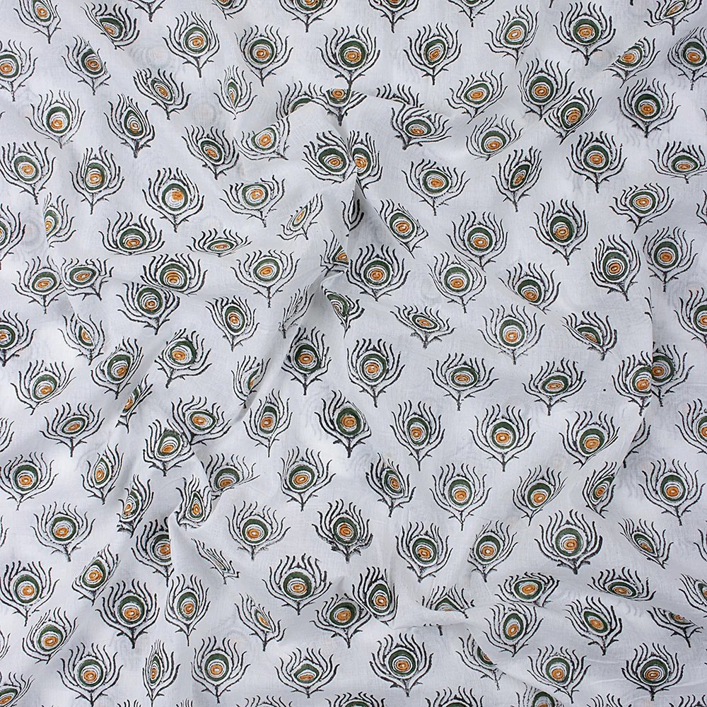 Peacock Feather Indian Hand Block Printed Pure Cotton Textile Fabric - Image 5