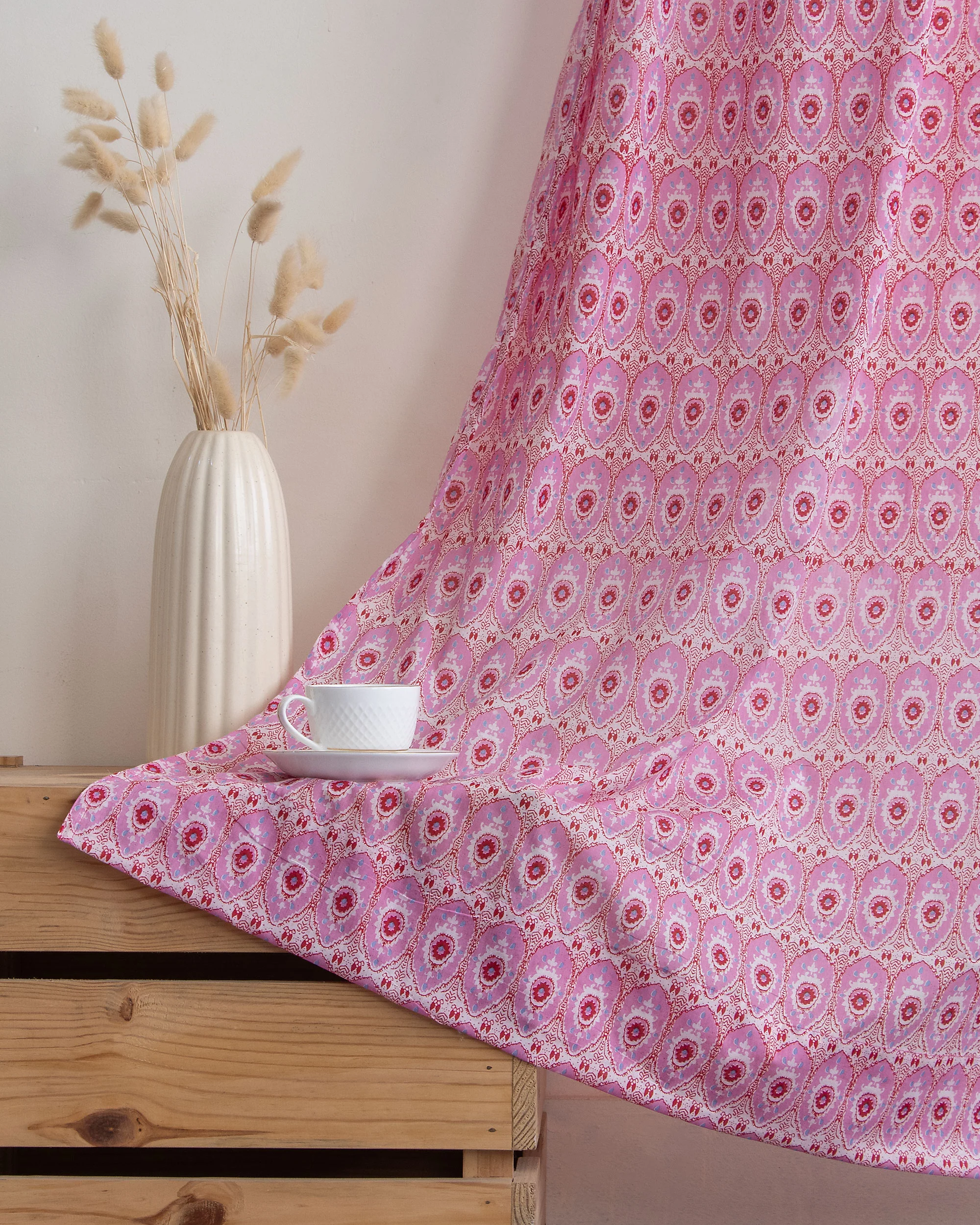 Pink Block Printed Cotton Curtains for Livig Room | Home Decor - Image 4