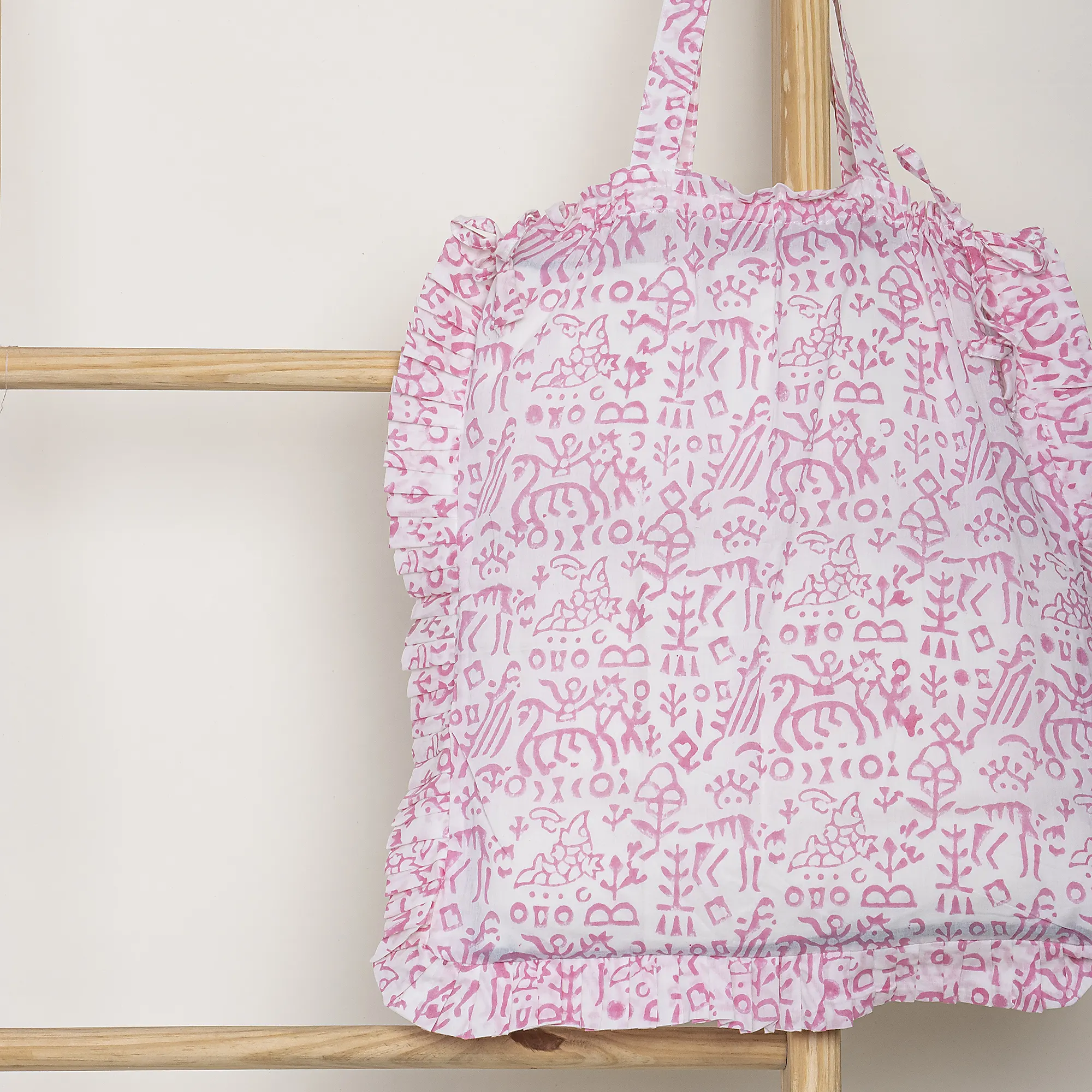 Traditional Pink Hand Printed Pure Cotton Indian Ruffle Tote Bag For Women's - Image 3