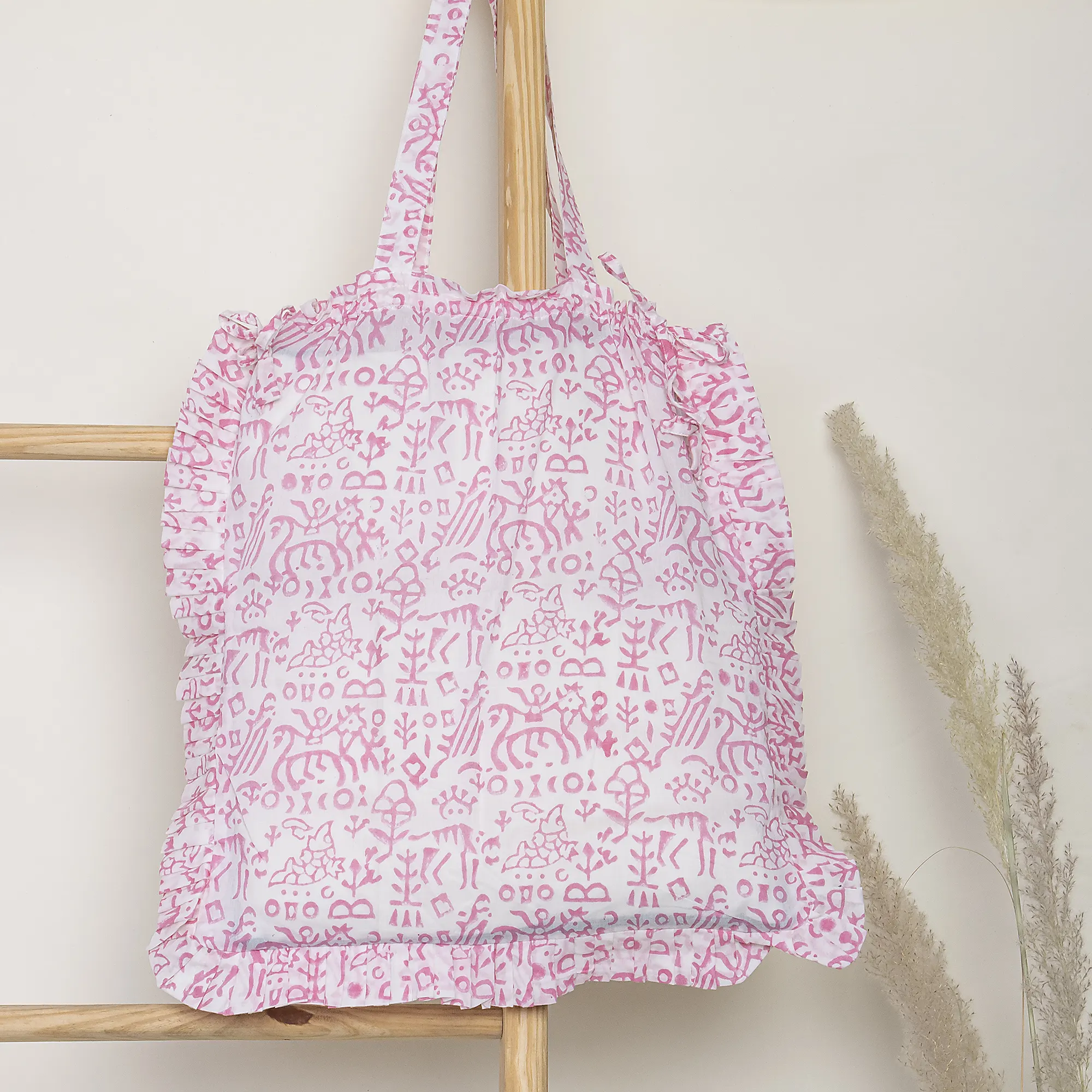 Traditional Pink Hand Printed Pure Cotton Indian Ruffle Tote Bag For Women's - Image 4