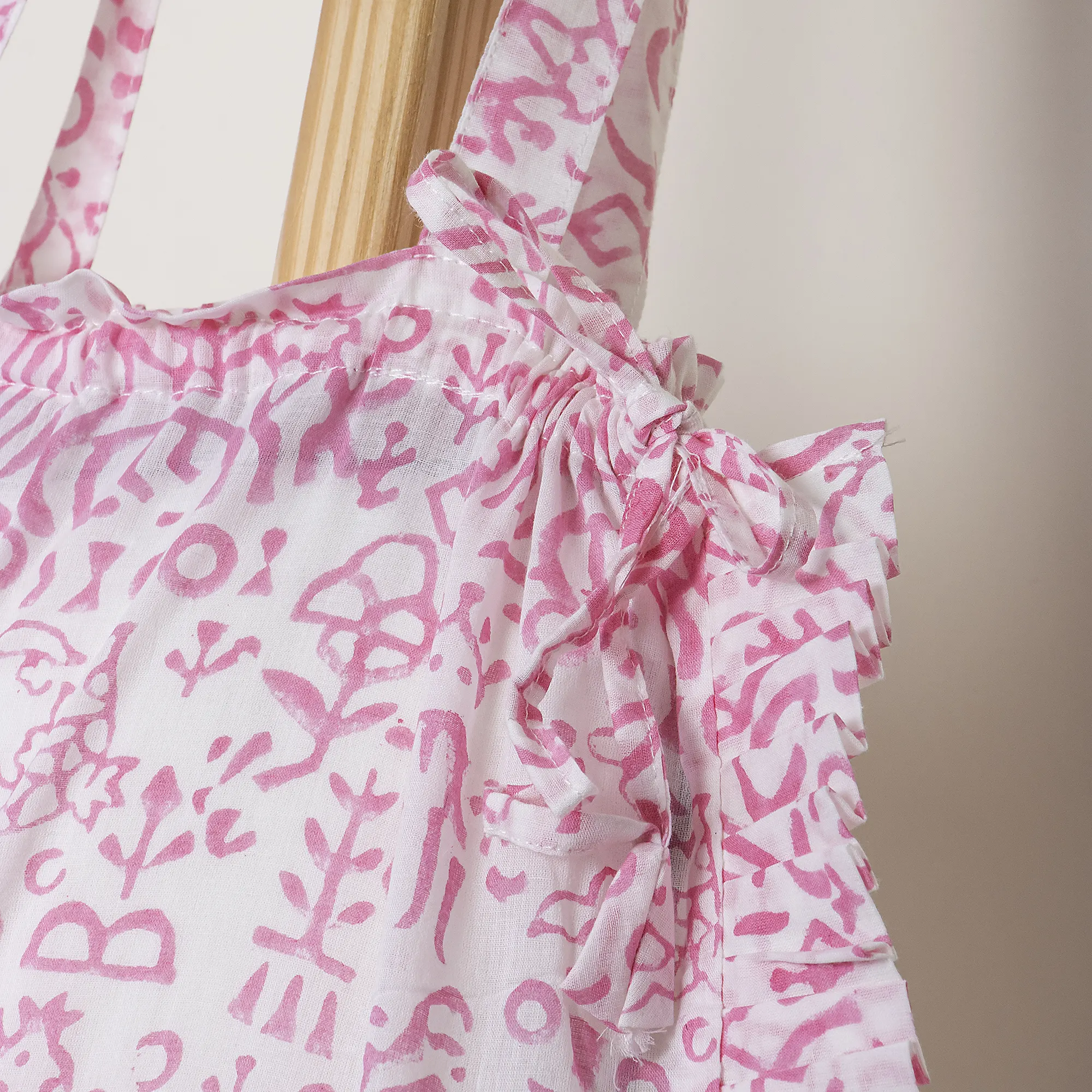Traditional Pink Hand Printed Pure Cotton Indian Ruffle Tote Bag For Women's - Image 7