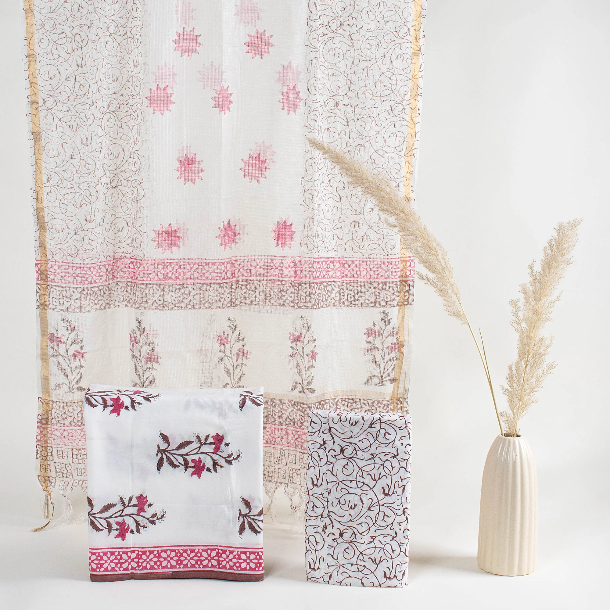 Pink Floral 3PC Suit Set Women Dress Cotton Material Kota Doria Dupatta