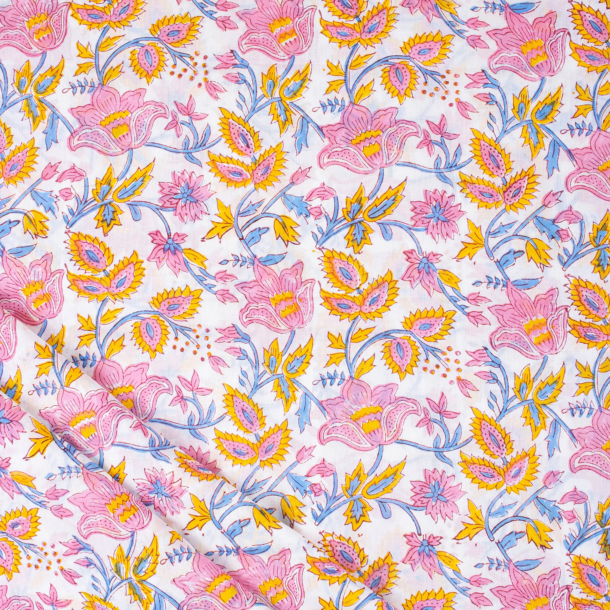 Pink Floral Hand Block Pure Cotton Fabric - Image 4