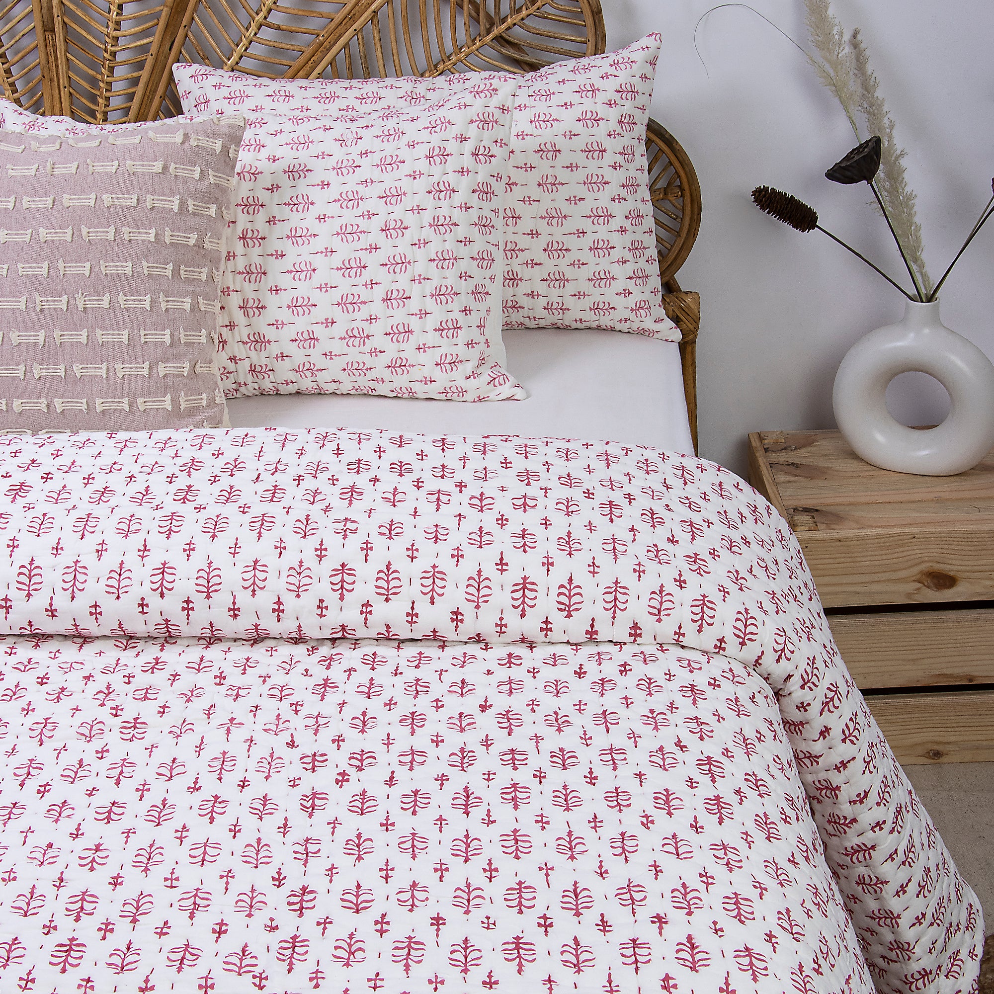 Indian Hand Block Rose Pink Kantha Quilt