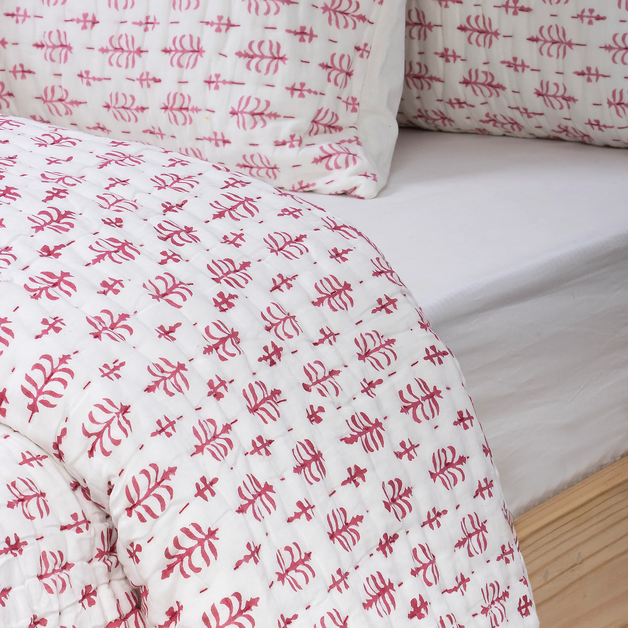 Indian Hand Block Rose Pink Kantha Quilt - Image 2
