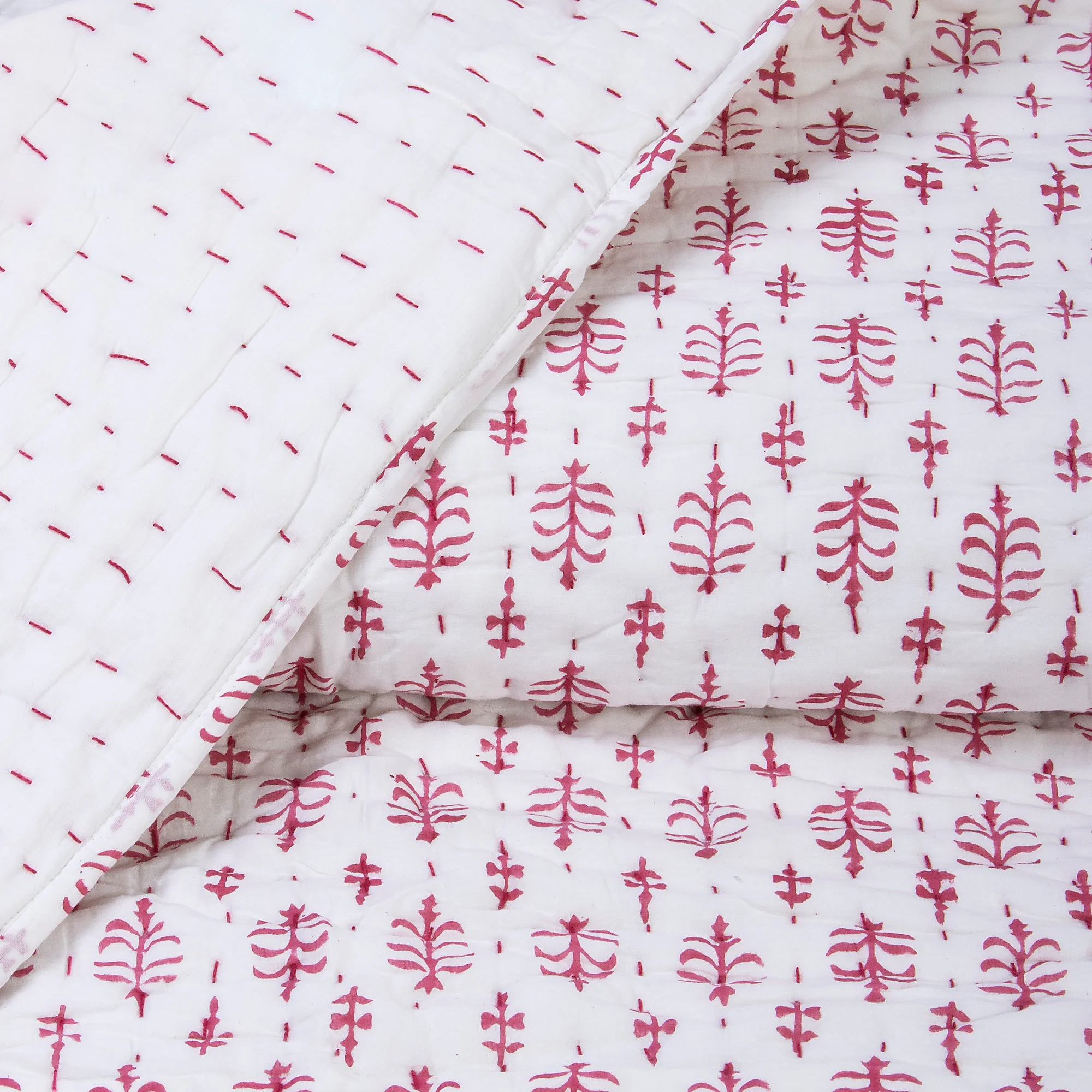 Indian Hand Block Rose Pink Kantha Quilt - Image 5