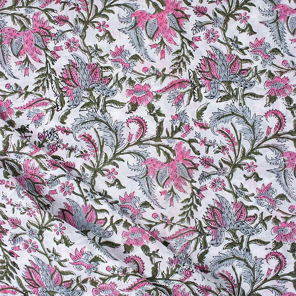 Floral Natural Hand Dyed Indian Block Print Cotton Fabric